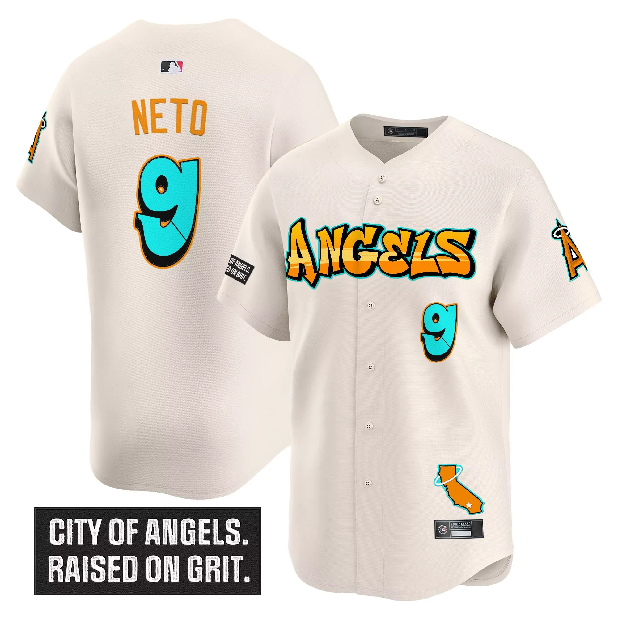 neto 9 men s los angeles angels vapor jersey cream graffiti edition 2023