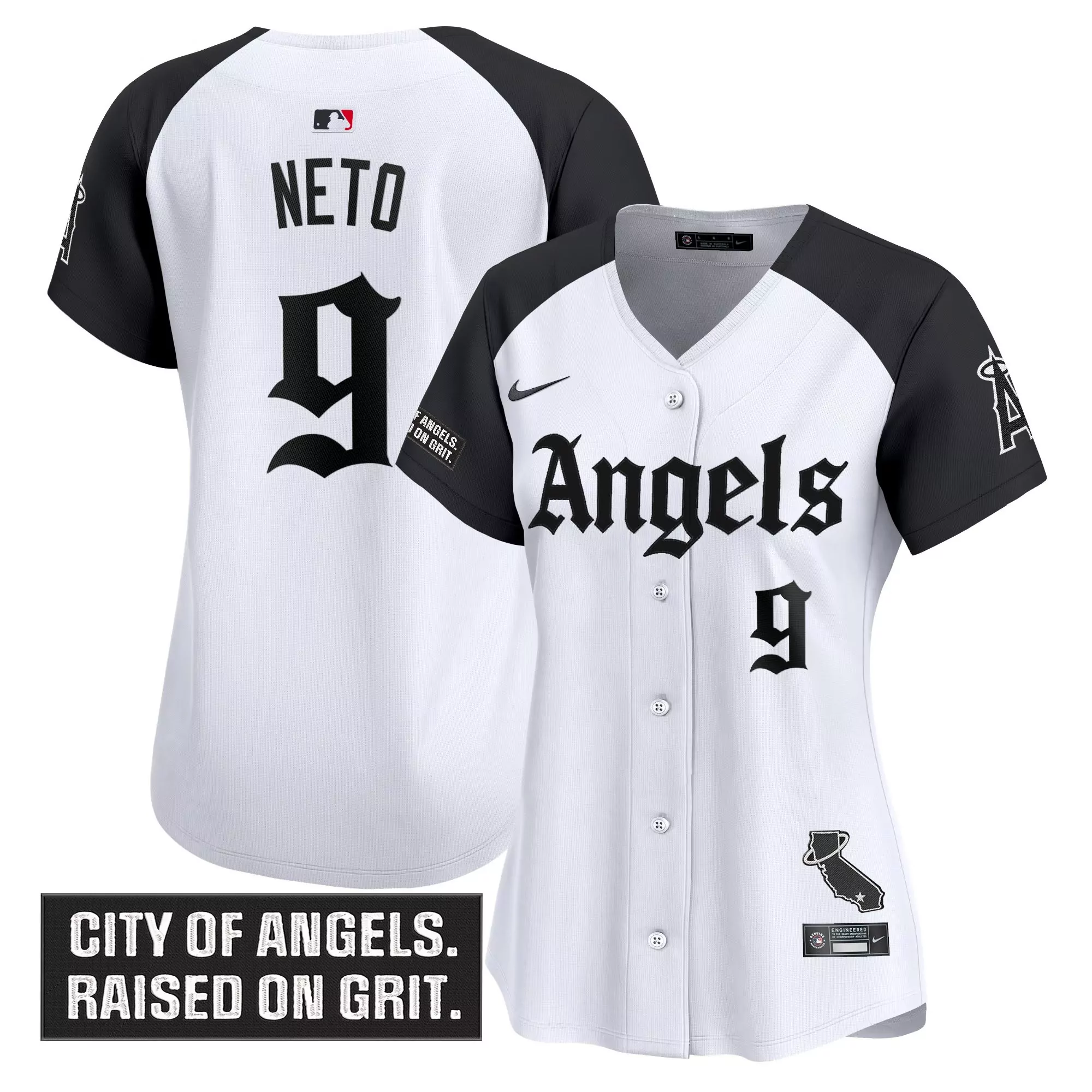 neto 9 women s los angeles angels stitched vapor jersey white black 2023 city of angels patch