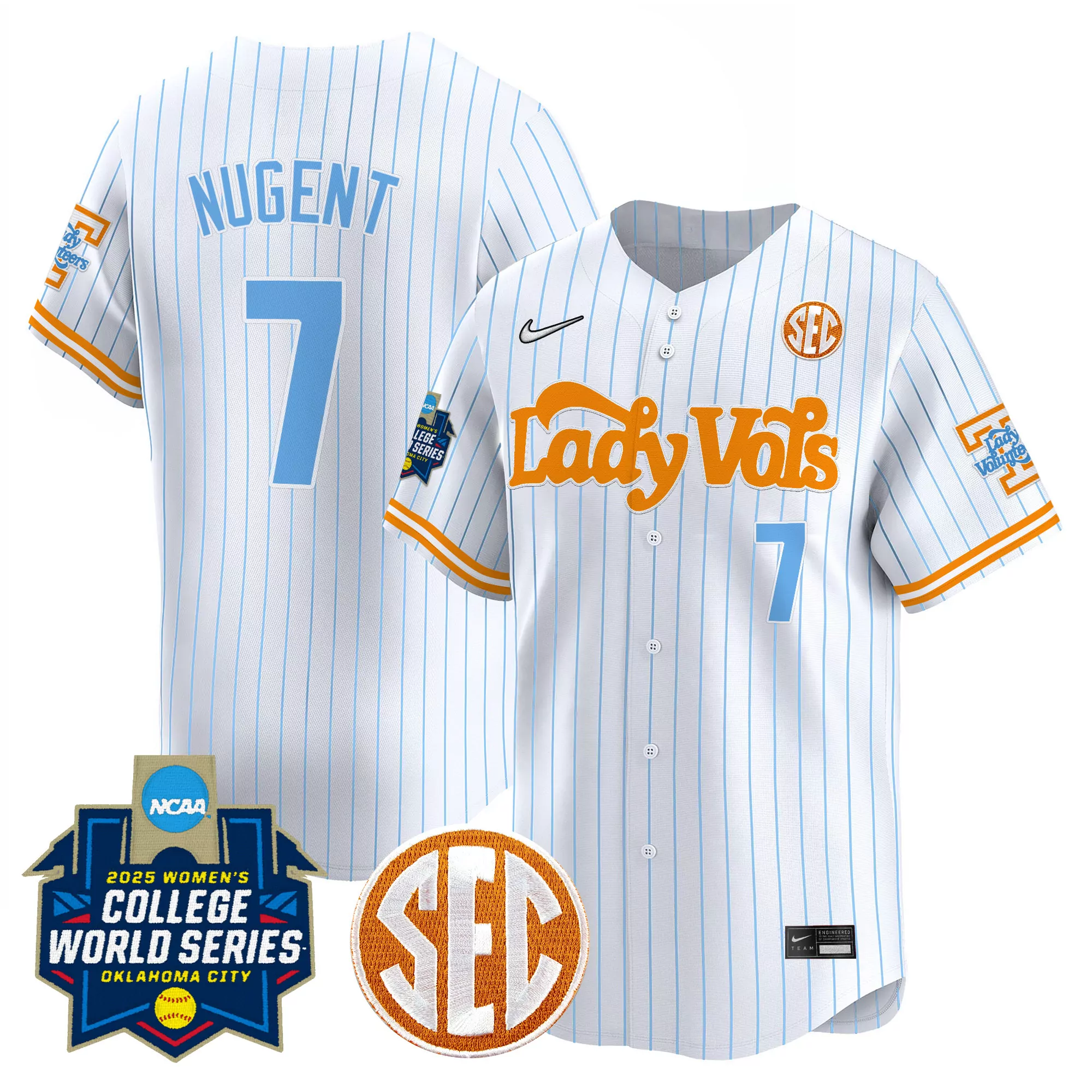 nugent 7 women s vapor jersey tennessee volunteers light blue sec 2025 college world series
