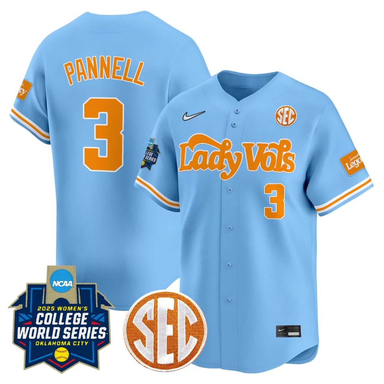 nugent 7 women s vapor jersey tennessee volunteers light blue sec 2025 college world series
