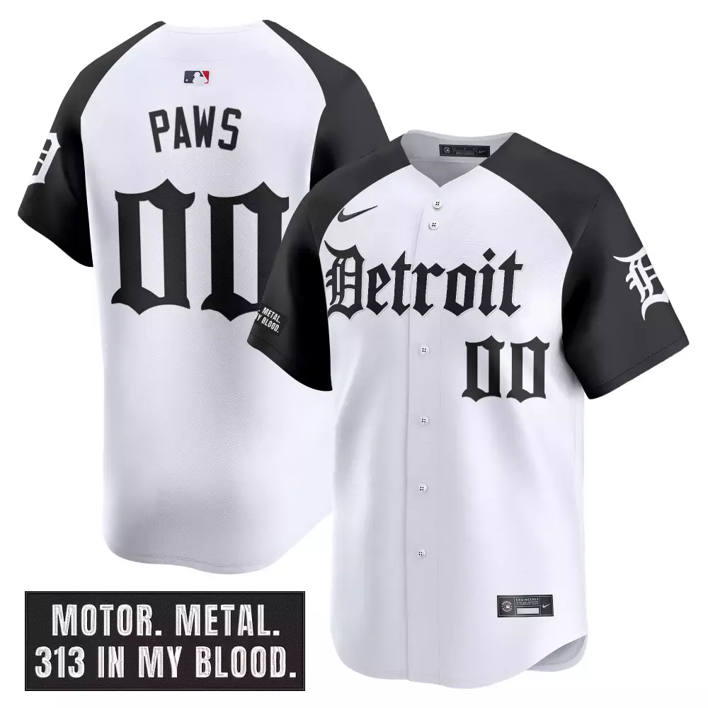 Paws 00 Detroit Tigers Men's Vapor Jersey | 2023 Motor Edition in White & Black | Stitched Fan Gear | For Men, Women & Youth