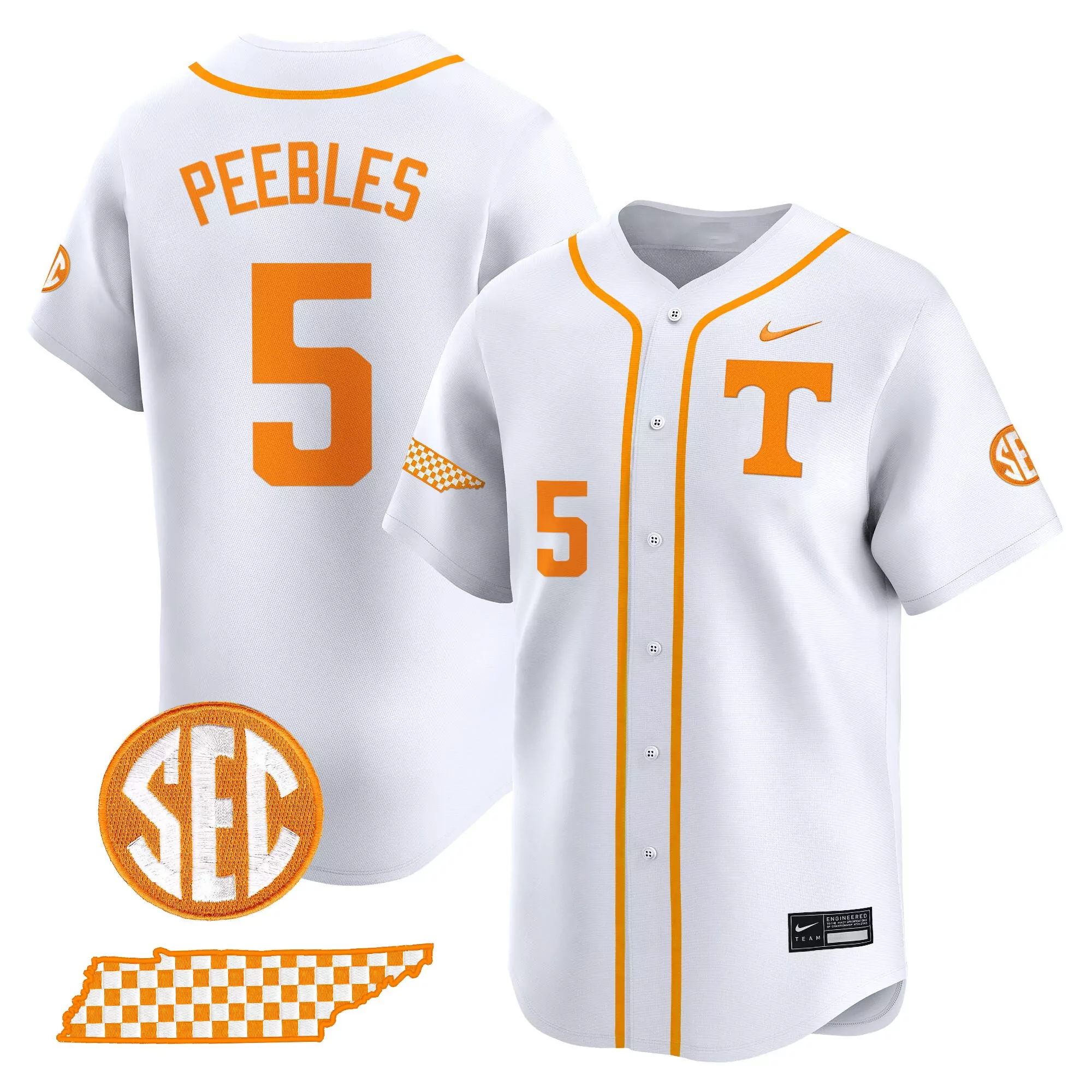 peebles 5 men s stitched vapor jersey tennessee volunteers white 2025 sec patch