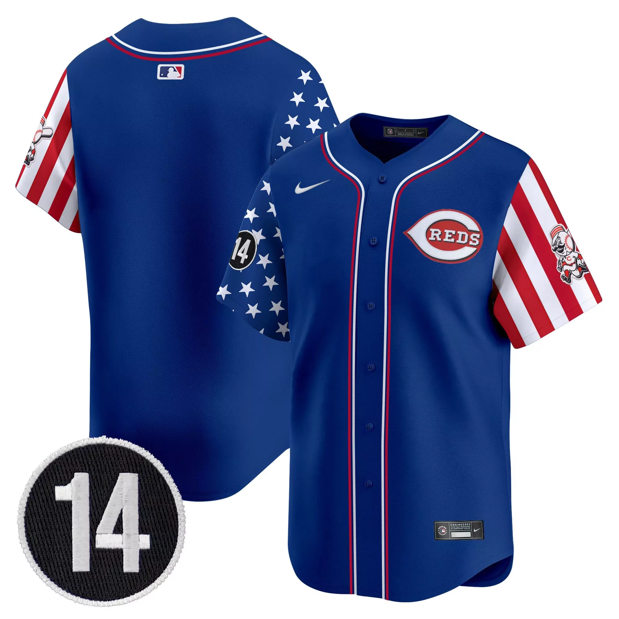 player name 14 gender men s style vapor jersey all stitched patch embroidered year 2025 men s cincinnati reds blue independence day vapor jersey stitched embroidered patch 2025