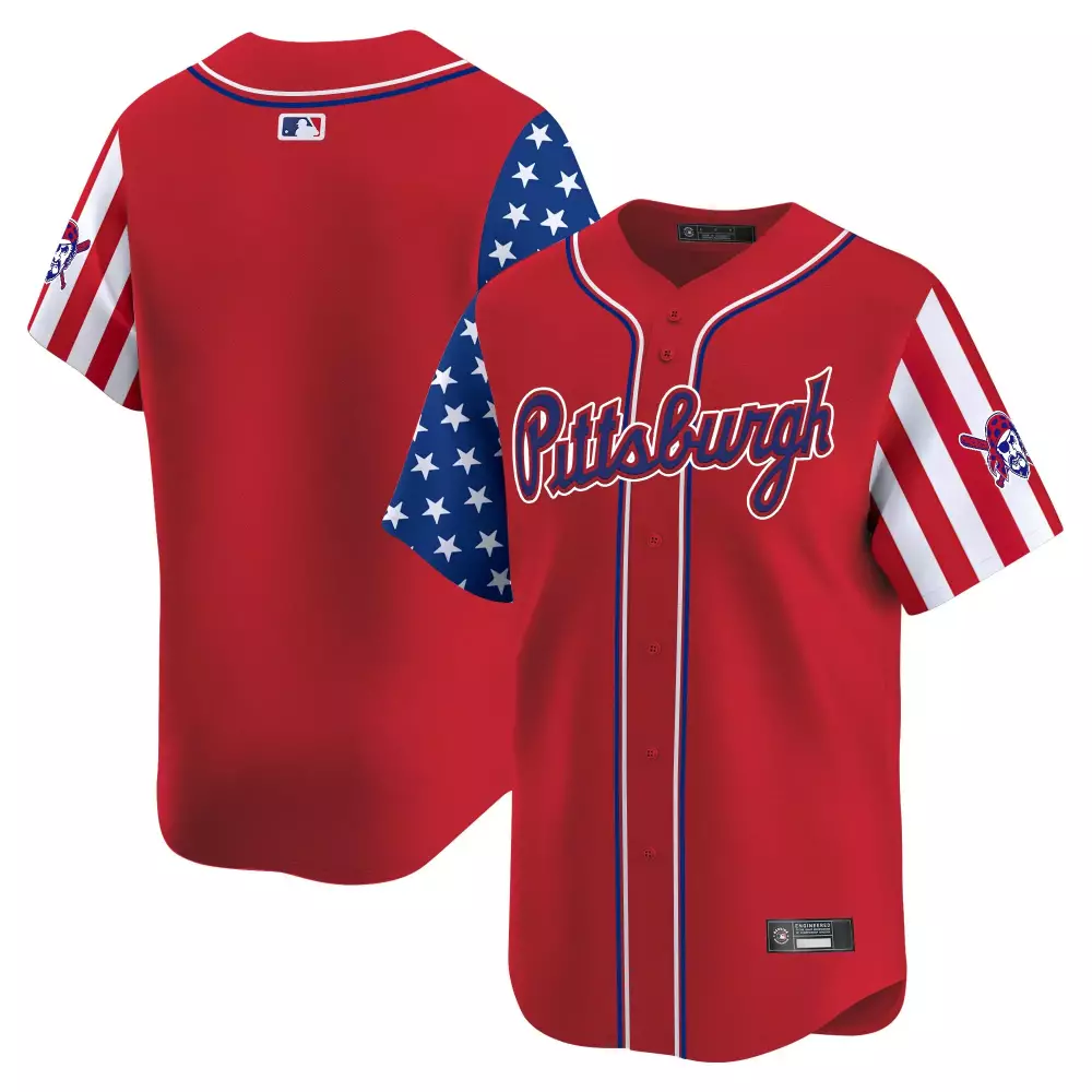 player name not visible player number not visible men s pittsburgh pirates 2025 independence day vapor jersey red stitched embroidered patch