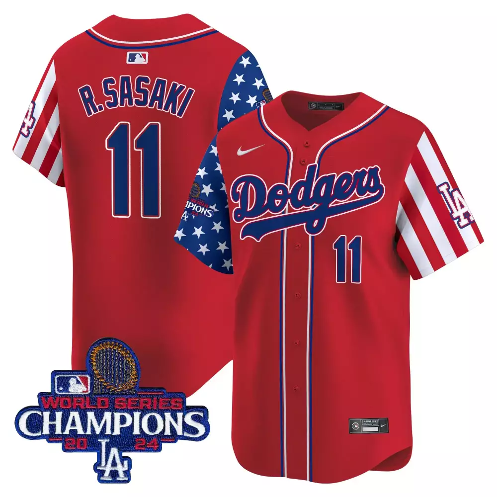 r sasaki 11 men s red dodgers vapor jersey 2024 world series champions edition