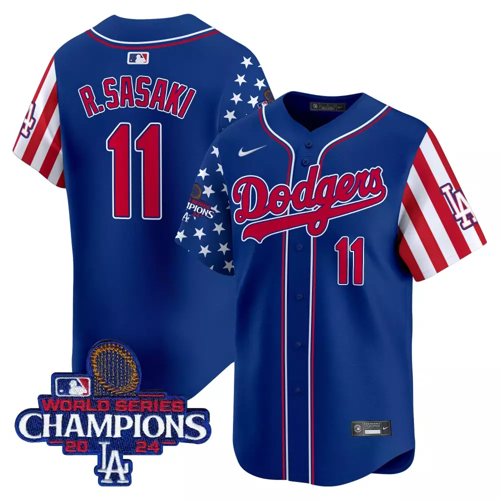 r sasaki 11 men s vapor jersey dodgers 2024 world series champions blue stitched
