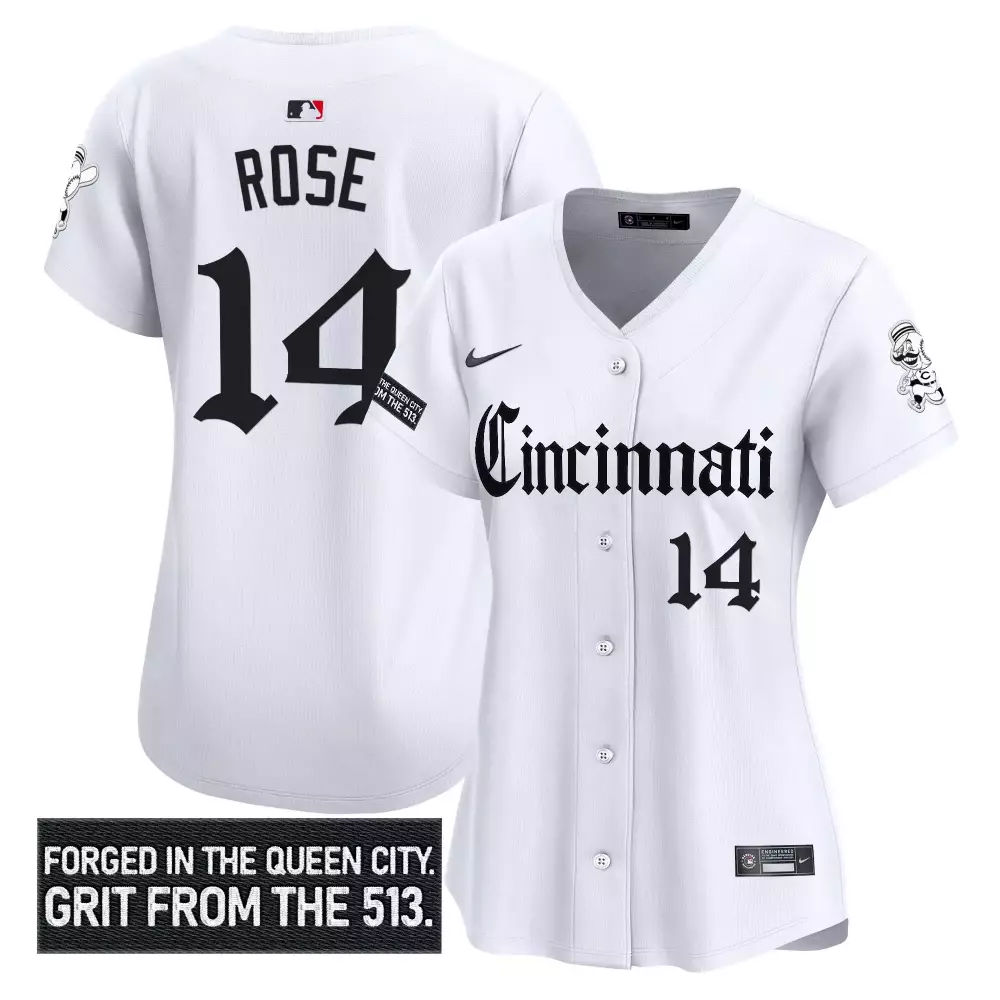 Rose 14 Women's Cincinnati Reds White Vapor Jersey | 2023 Queen City Edition Embroidered Patch | Fan Gear for Women, Men & Youth