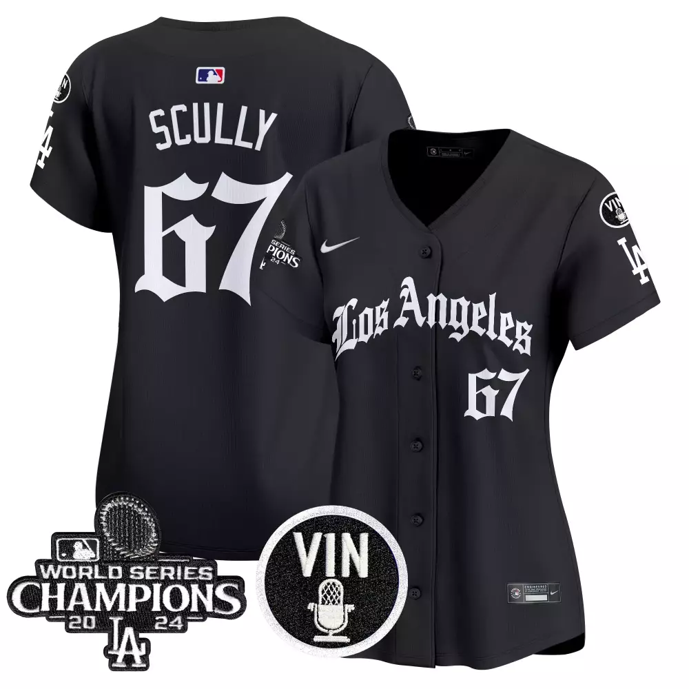 scully 67 women s black vapor jersey la dodgers world series champions 2024
