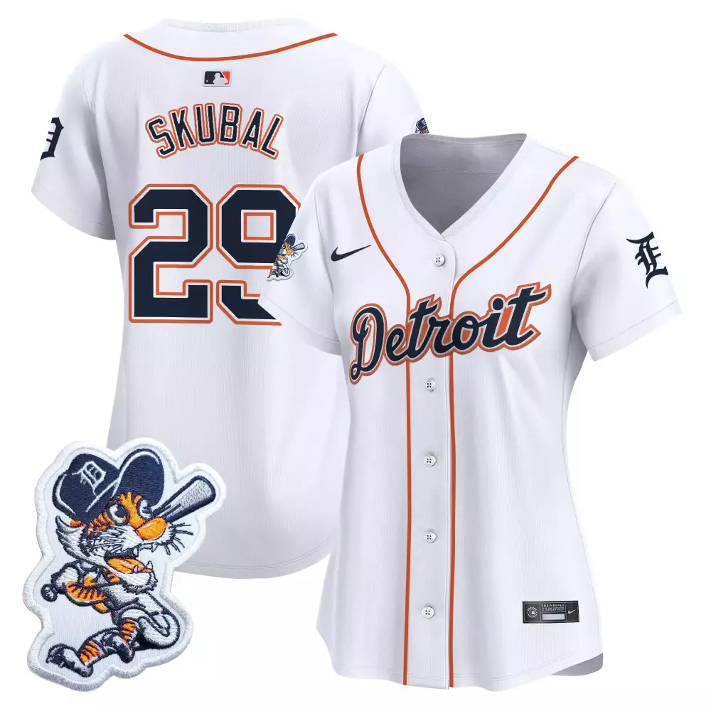 Skubal 29 Detroit Tigers Women's Nike Vapor Jersey | White with Embroidered Paws Patch 2023 | For Men, Women & Youth