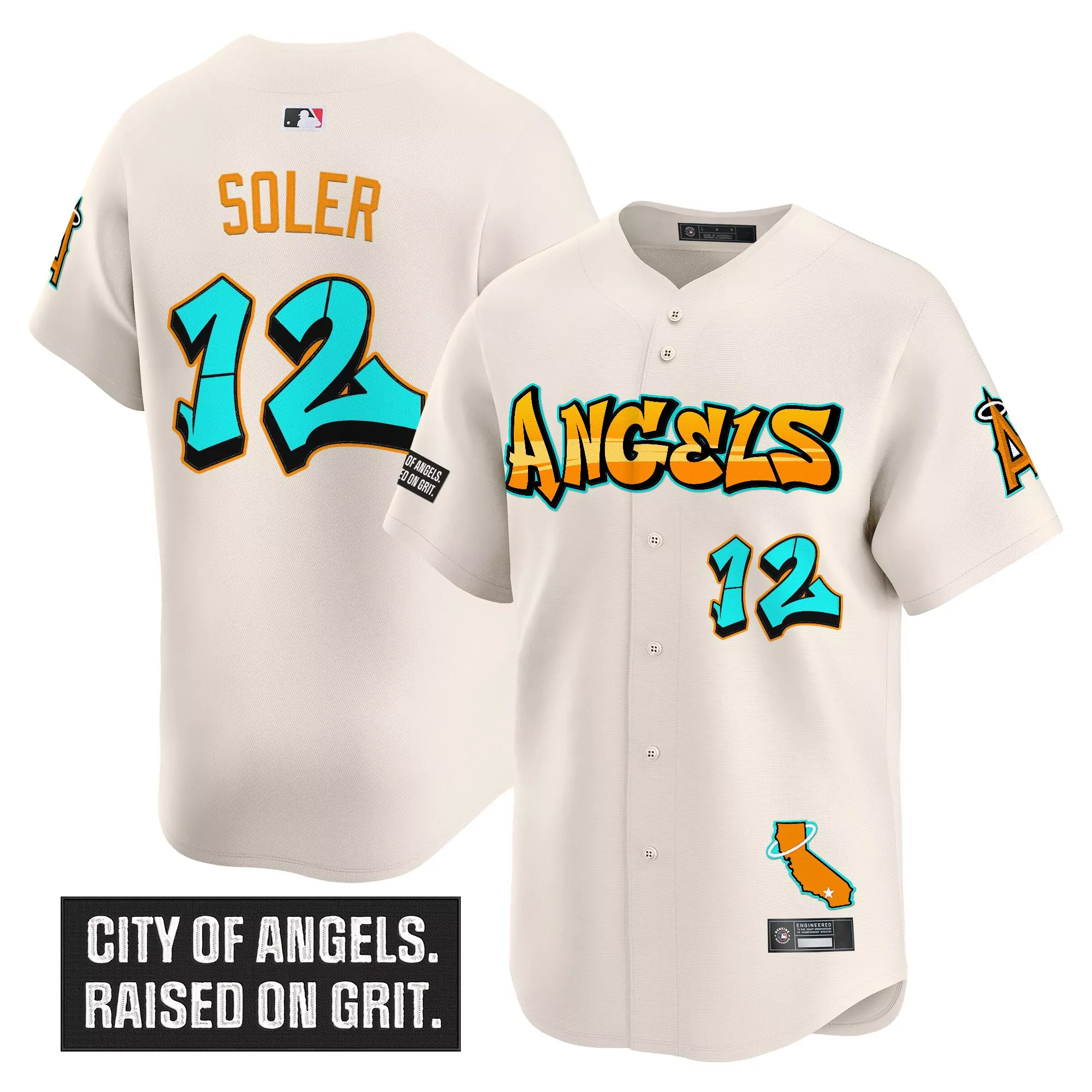soler 12 men s vapor jersey los angeles angels cream graffiti edition 2023