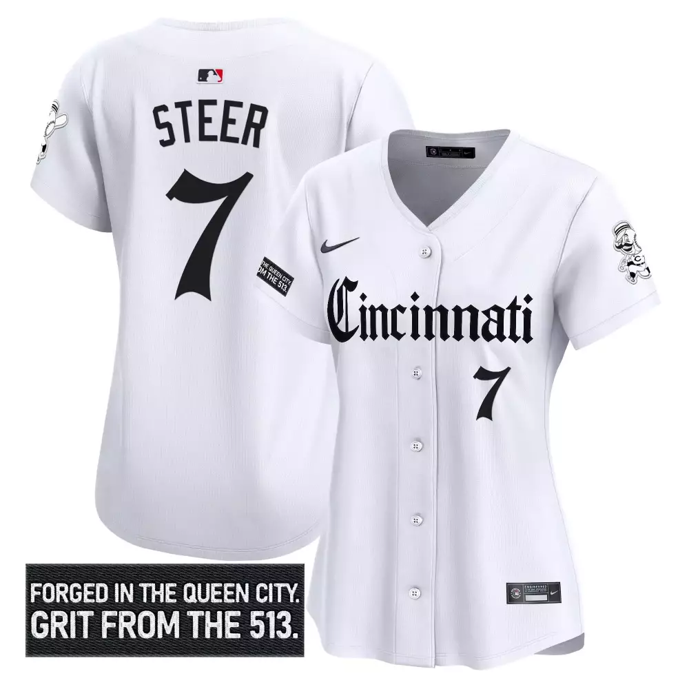 Steer 7 Cincinnati Reds Women's White Vapor Jersey | Grit from the 513 Patch 2023 Edition | Stylish Fan Gear | For Men, Women & Youth