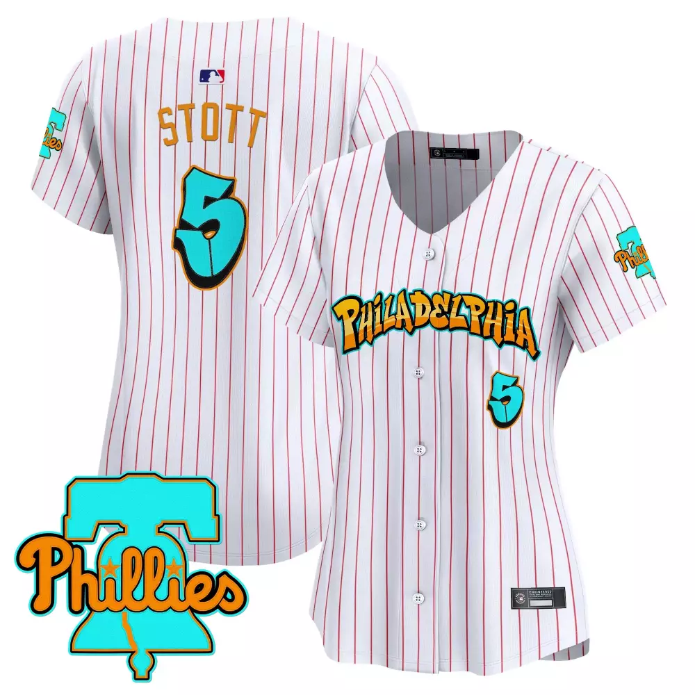 Stott 5 Women's Philadelphia Phillies 2023 White Graffiti Edition Jersey | Stitched Vapor | Limited Edition Fan Gear | For Men, Women & Youth