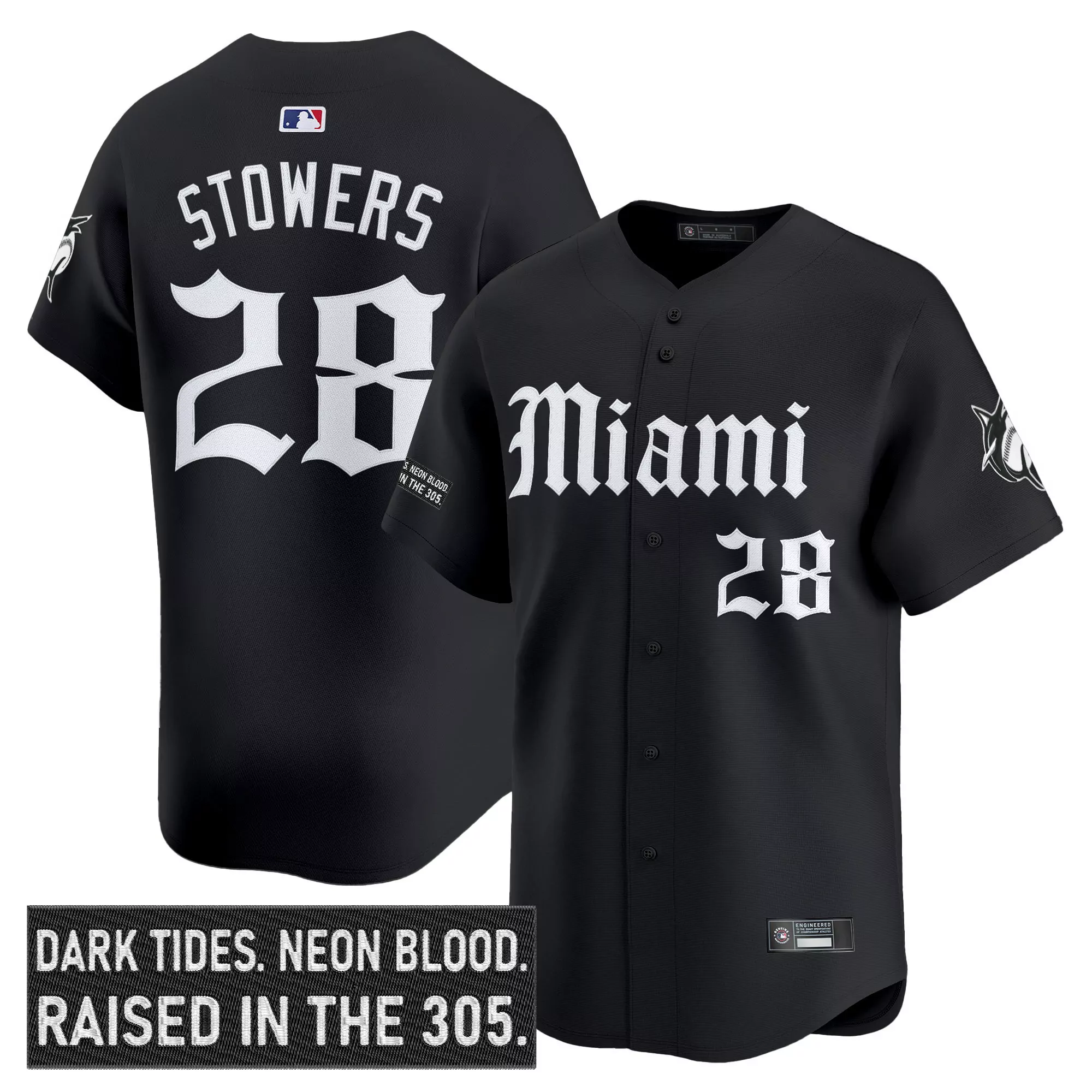 stowers 28 men s miami marlins black vapor jersey 2023 dark tides edition