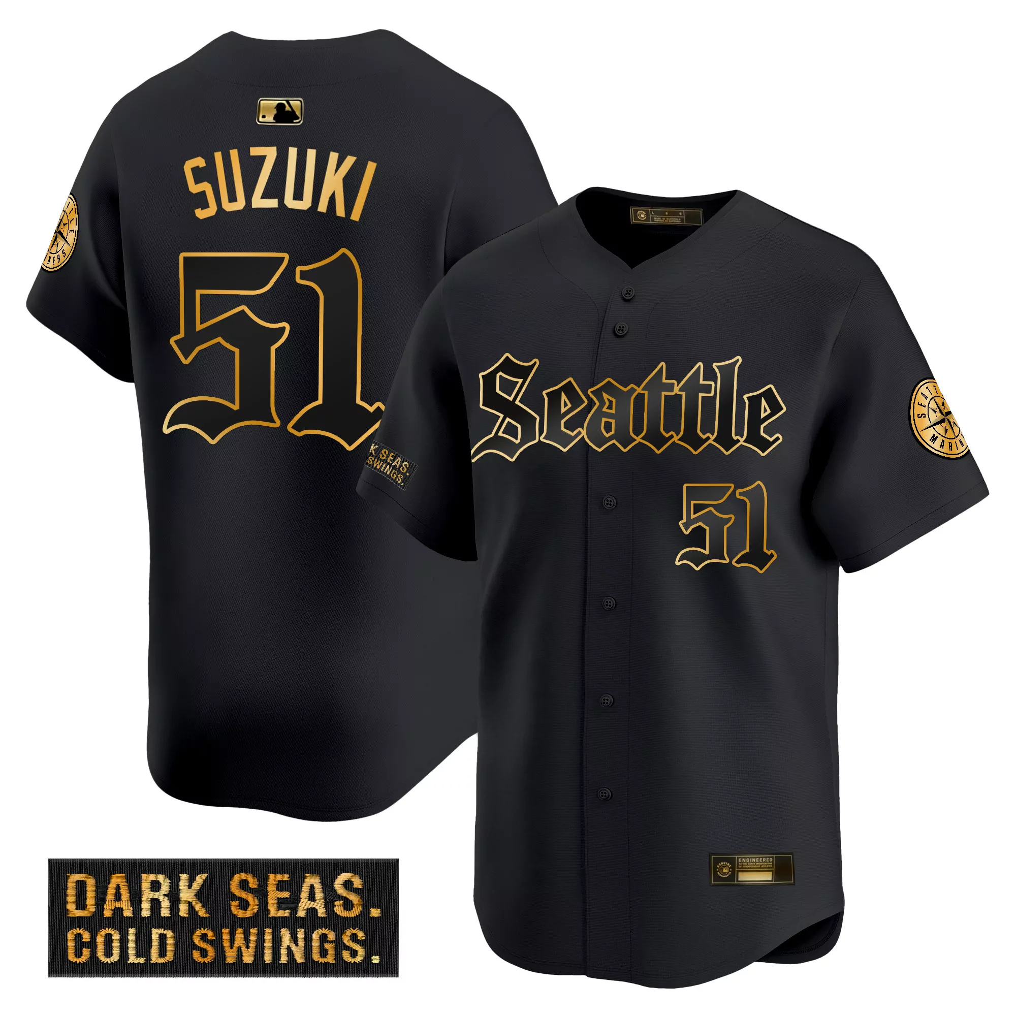 suzuki 51 men s stitched vapor jersey seattle mariners black dark seas patch 2023