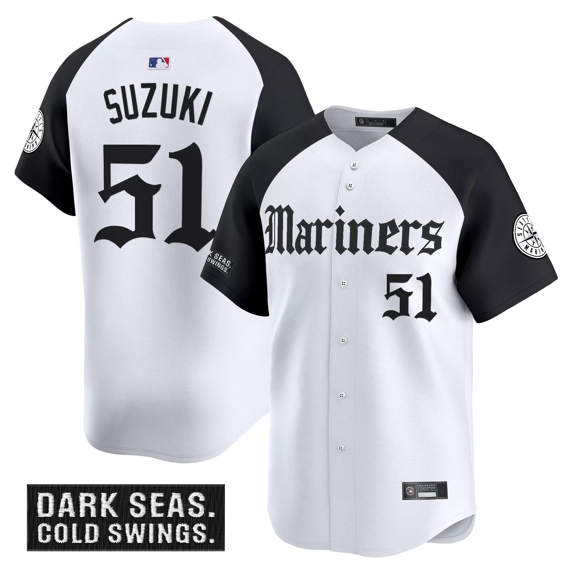 suzuki 51 men s stitched vapor jersey seattle mariners white black dark seas edition 2023