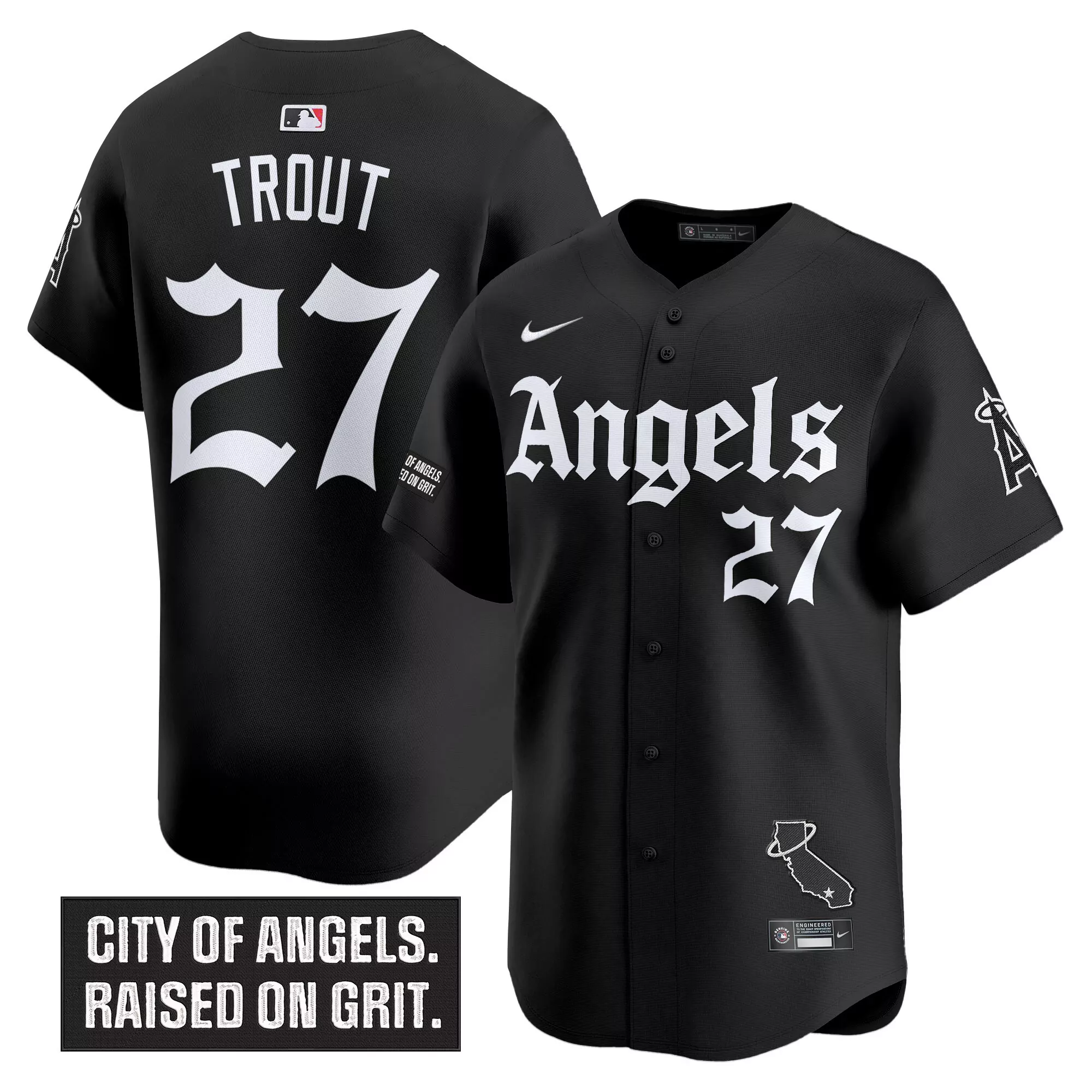 trout 27 men s black los angeles angels vapor stitched jersey with city of angels patch 2023