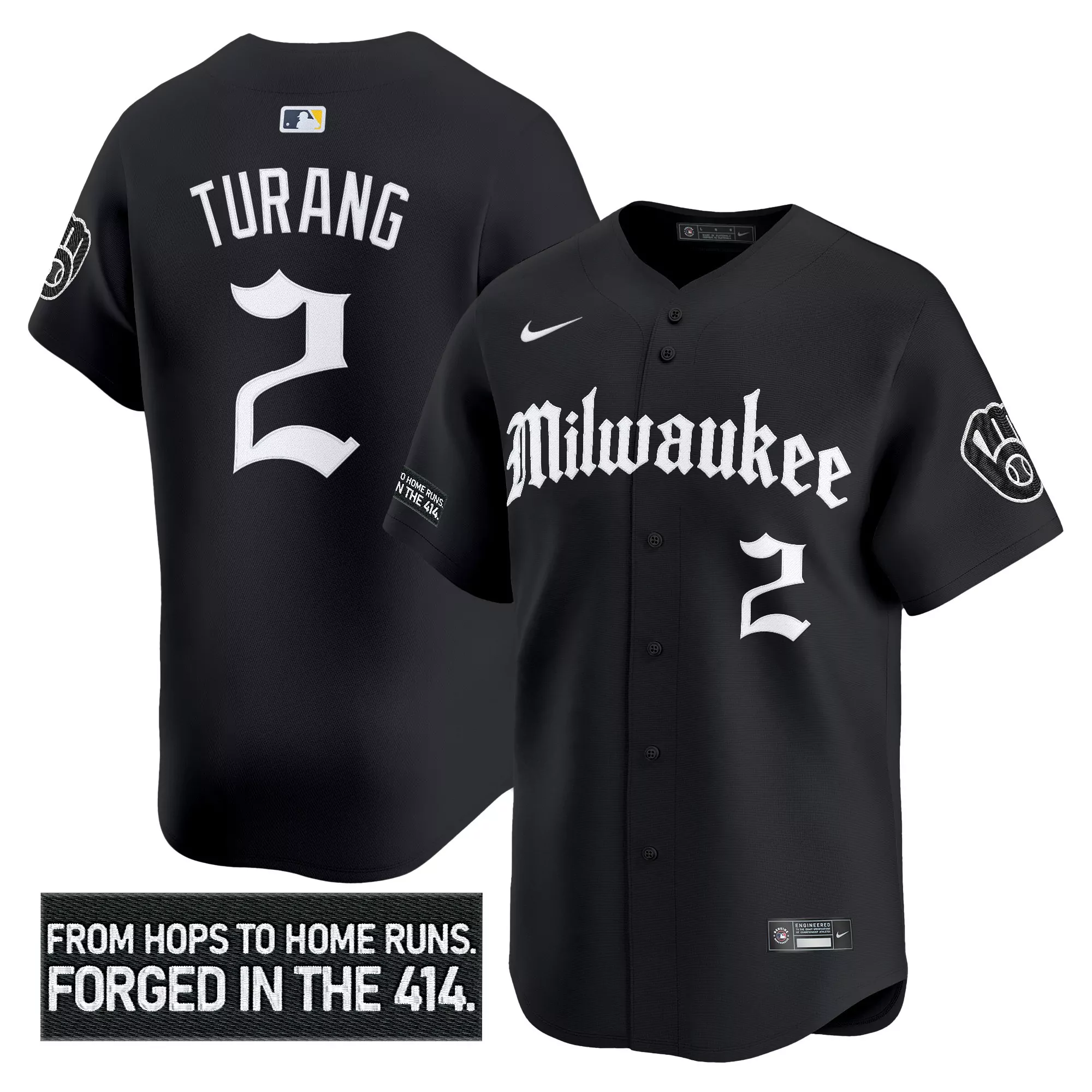turang 2 men s stitched vapor jersey milwaukee brewers black 2023 forged in the 414 edition