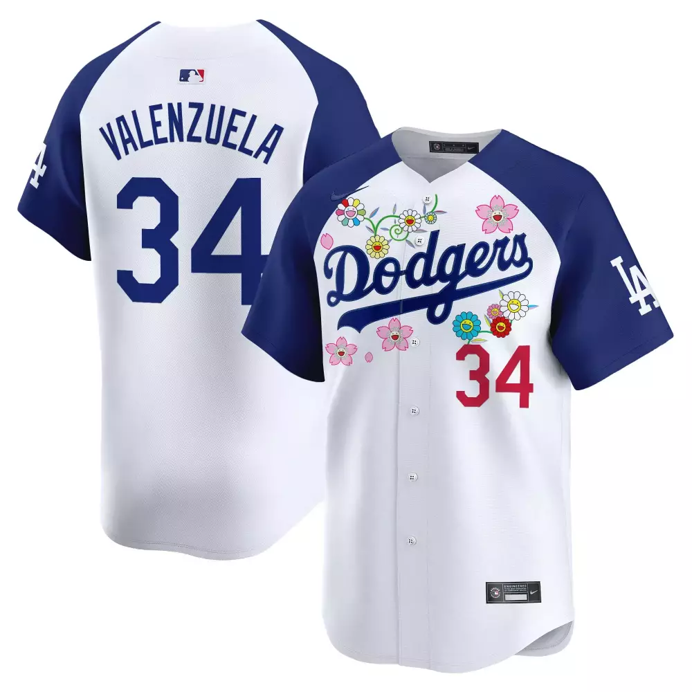 valenzuela 34 men s stitched vapor jersey dodgers 2025 floral theme white navy