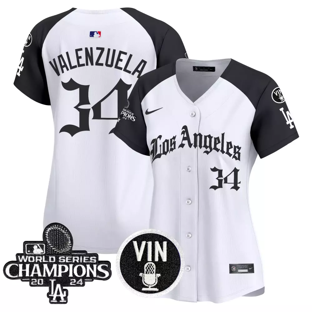 valenzuela 34 women s la dodgers 2024 white vapor premier limited jersey world series champions patch