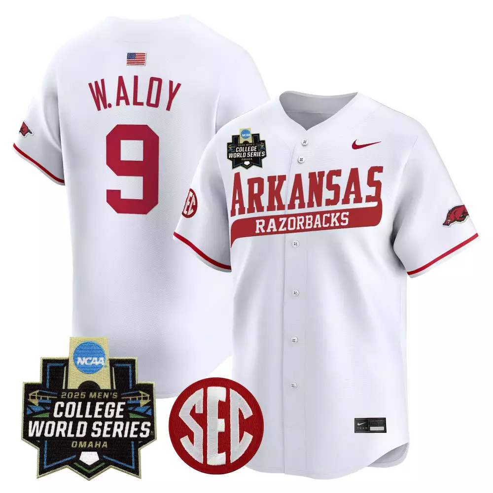 Aloy 9 Youth Arkansas Razorbacks 2025 White Vapor Jersey | College World Series Embroidered Patch | For Men, Women & Youth