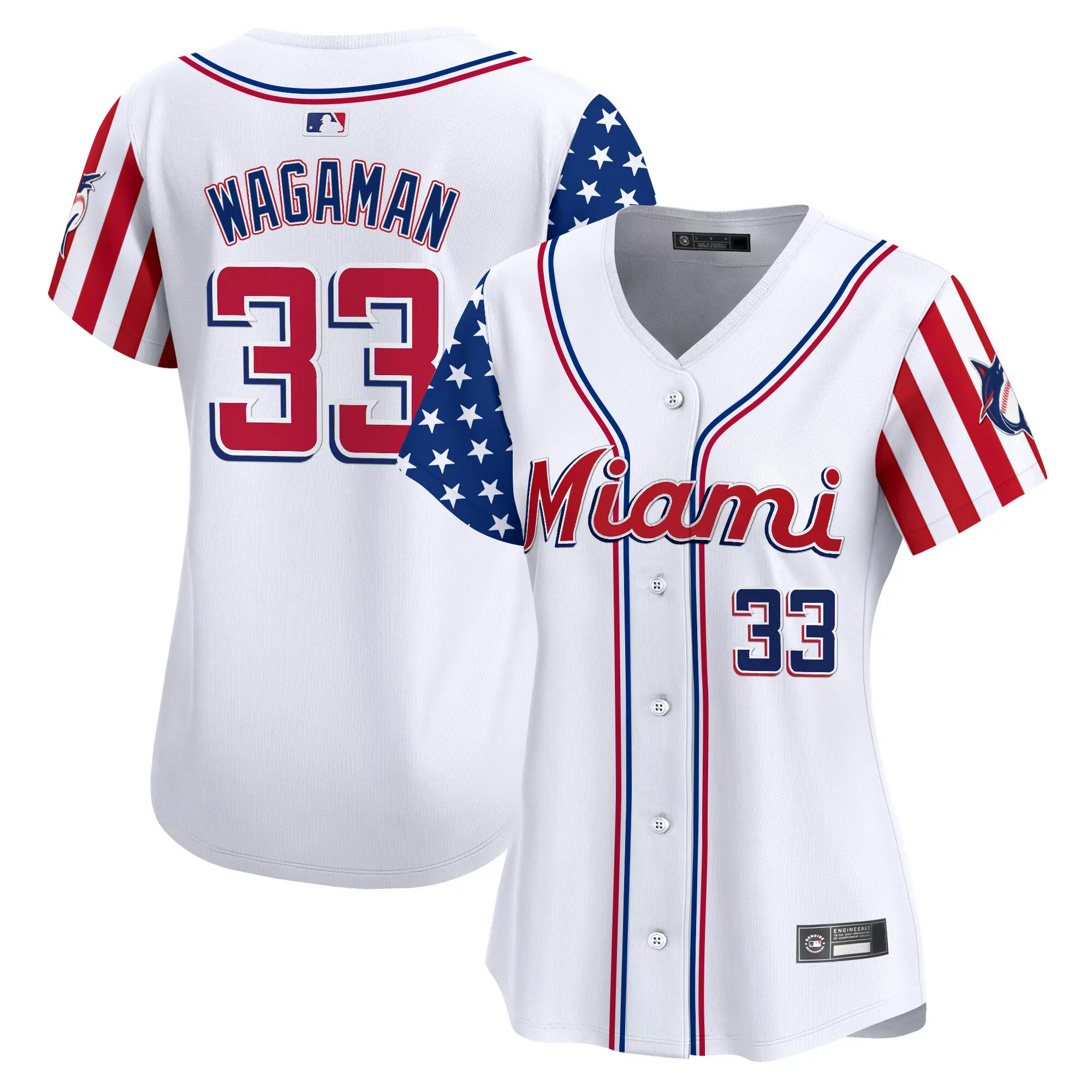 wagaman 33 women s miami marlins 2025 independence day vapor jersey stitched embroidered patch