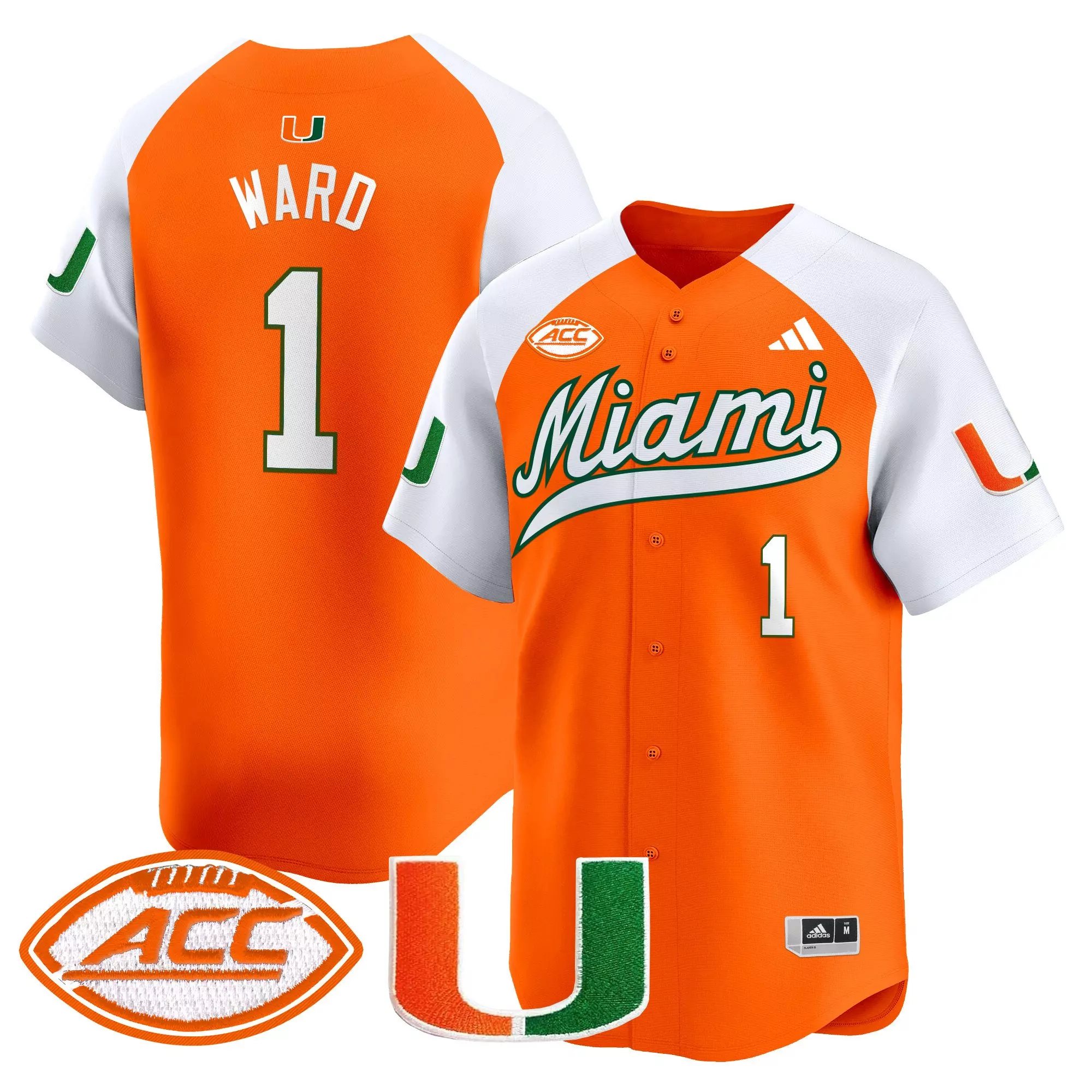 ward 1 men s miami hurricanes 2024 vapor stitched baseball jersey orange acc patch