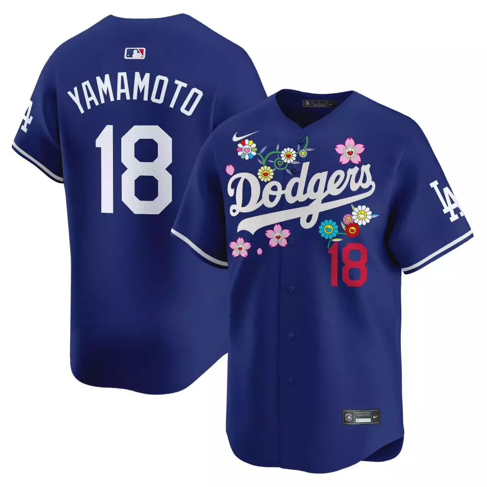yamamoto 18 men s stitched dodgers vapor jersey 2025 floral embroidered design royal blue