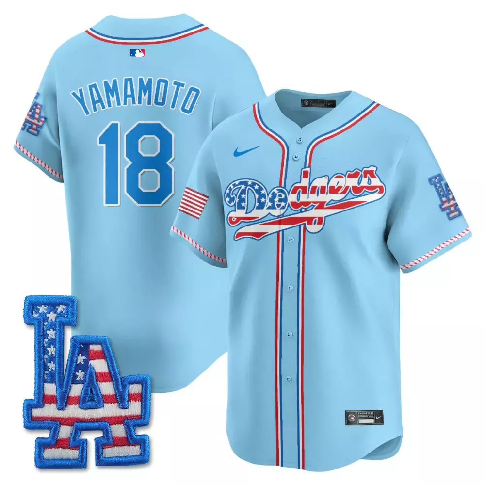 Yamamoto 18 Dodgers 2025 Light Blue Vapor Jersey | Fourth of July Embroidered Patch | Limited Edition Fan Gear | For Men, Women & Youth