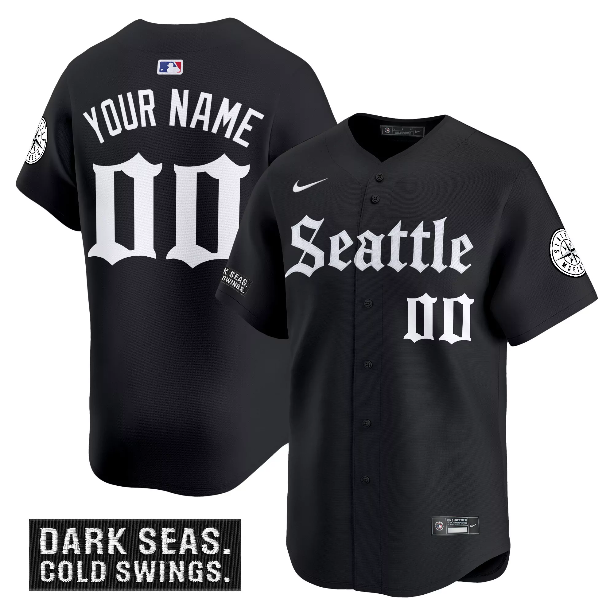 your name 00 men s vapor jersey seattle mariners black stitched dark seas patch 2023