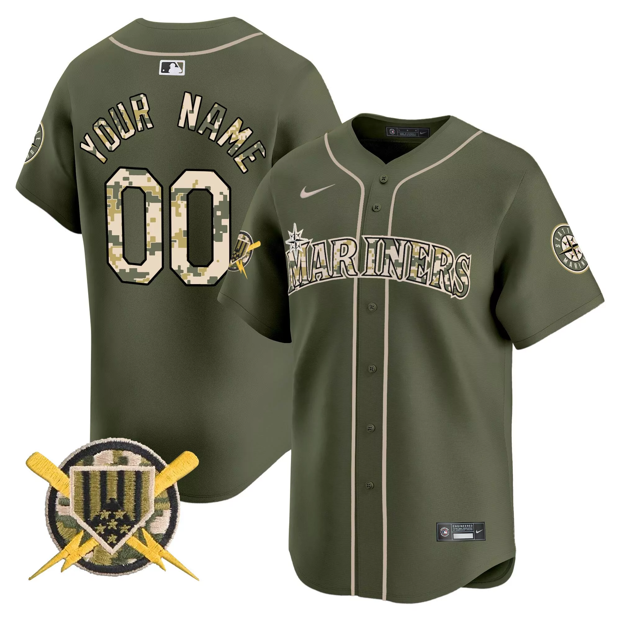 your name 00 seattle mariners men s vapor jersey armed forces day 2023 olive green