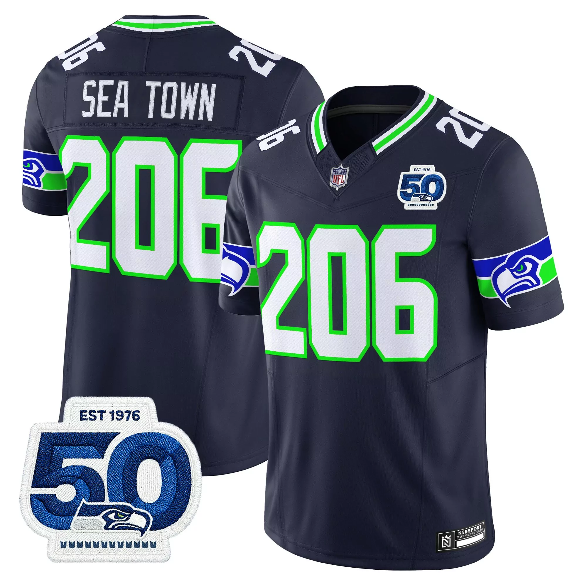 206 sea town men s vapor jersey black with 50th anniversary patch stitched 2023