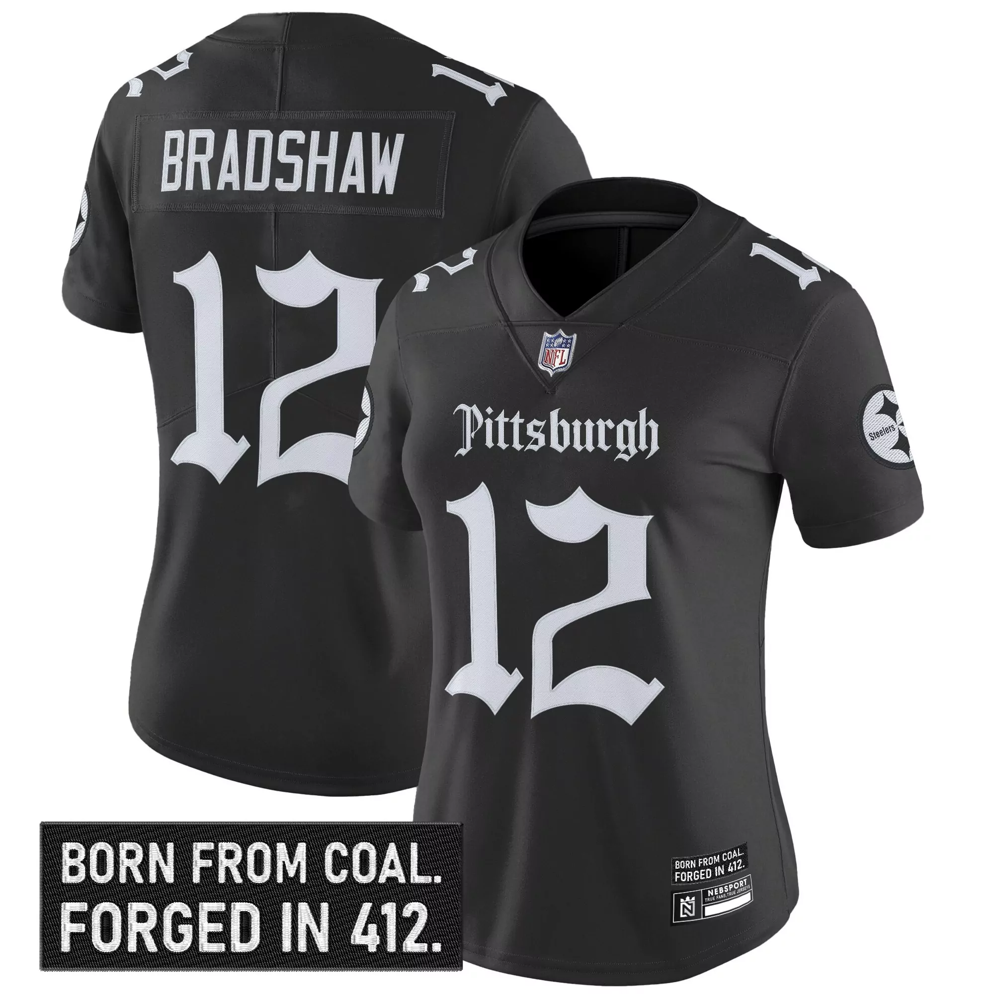 bradshaw 12 women s pittsburgh steelers black vapor jersey stitched embroidered patch 2023