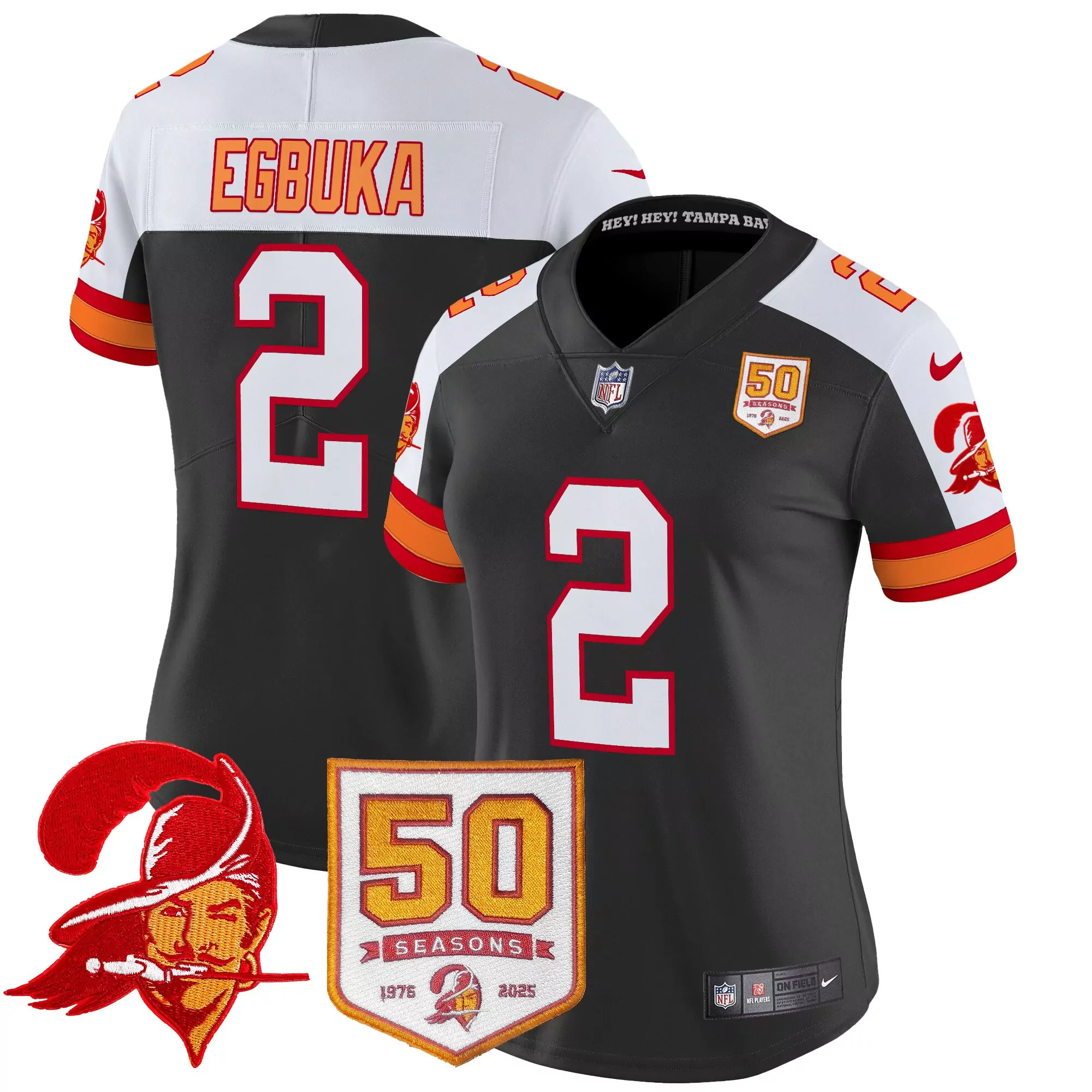 egbuka 2 women s tampa bay buccaneers 50th season vapor jersey black stitched embroidered 2025
