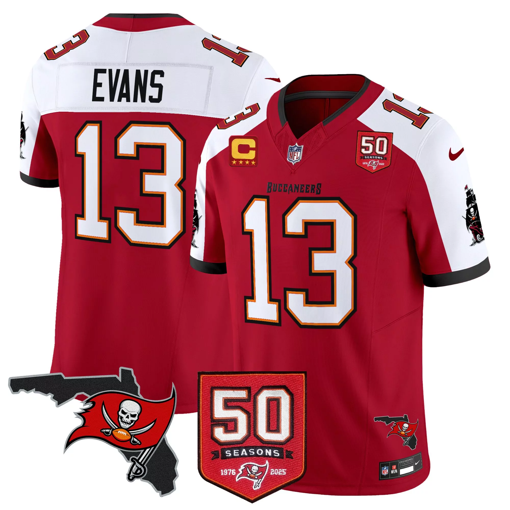 evans 13 men s stitched vapor jersey tampa bay buccaneers red 50 seasons patch 2023
