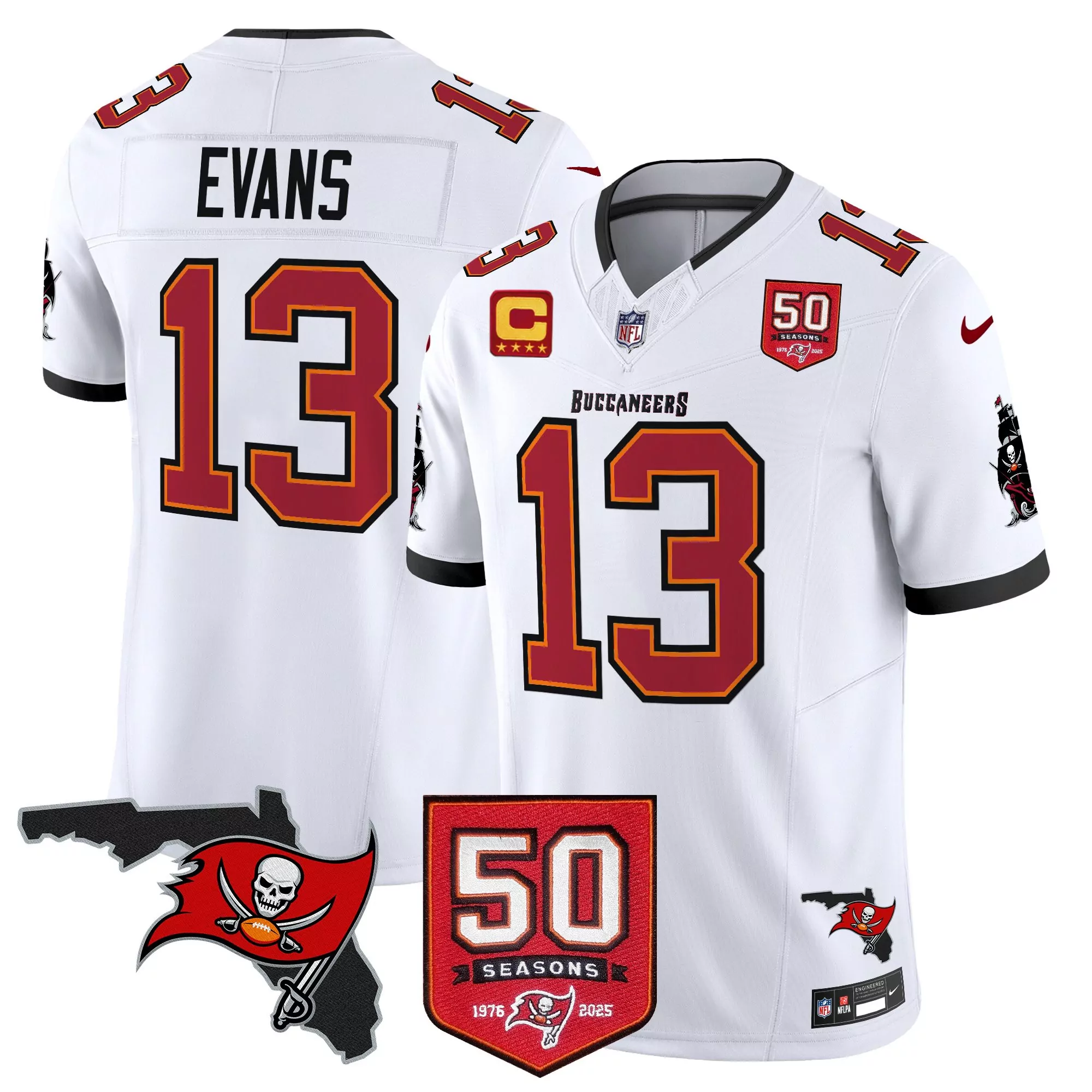evans 13 men s vapor stitched jersey tampa bay buccaneers white 50 seasons patch 2025