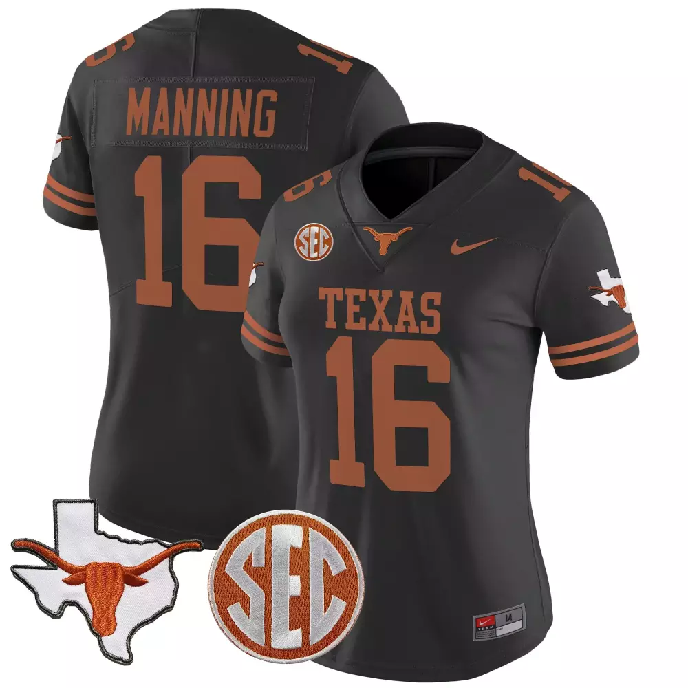 Manning 16 Women's Texas Longhorns Stitched Jersey | SEC Patch Black 2025 | Exclusive Fan Gear | For Men, Women & Youth