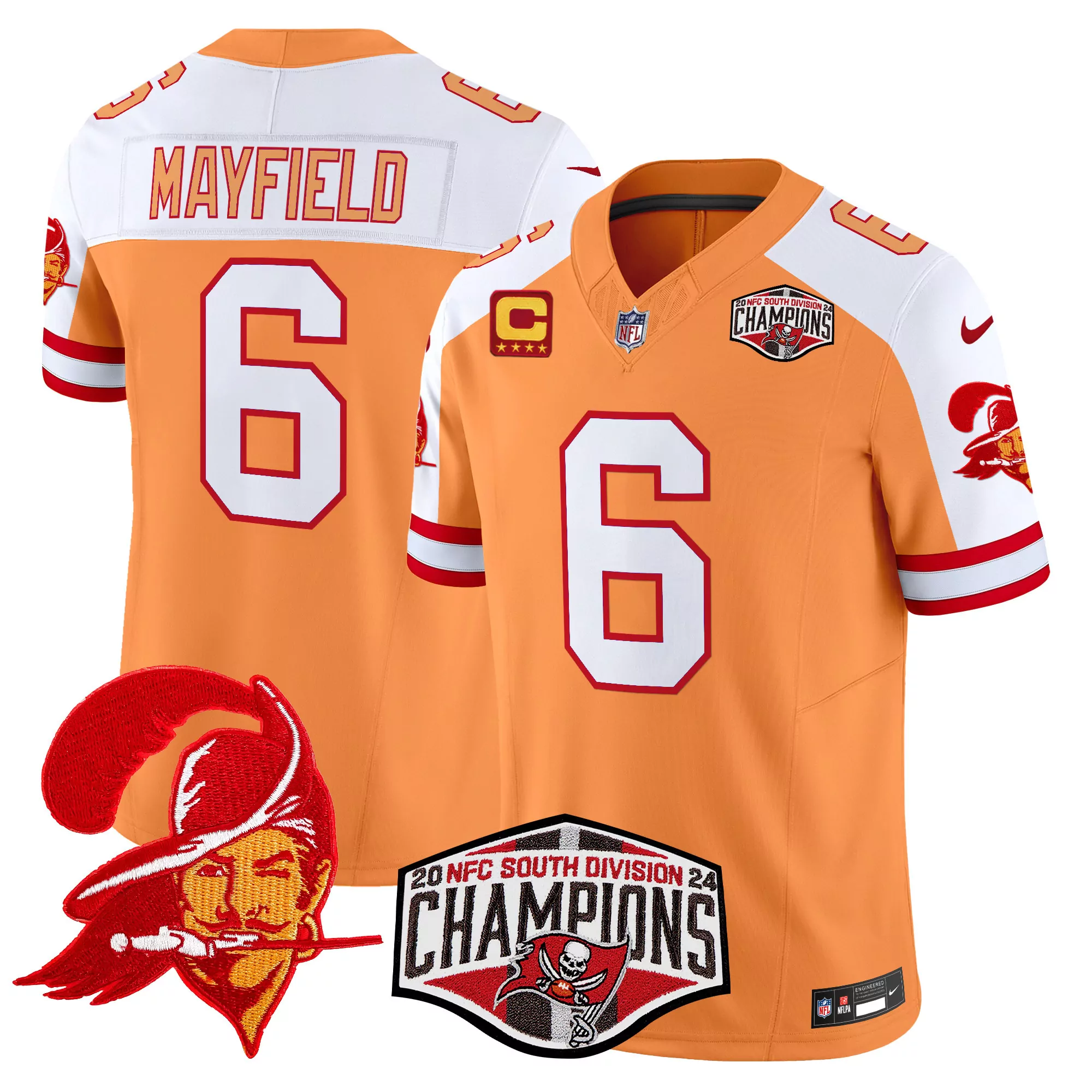 mayfield 6 men s vapor jersey tampa bay buccaneers orange 2024 nfc south champions stitched