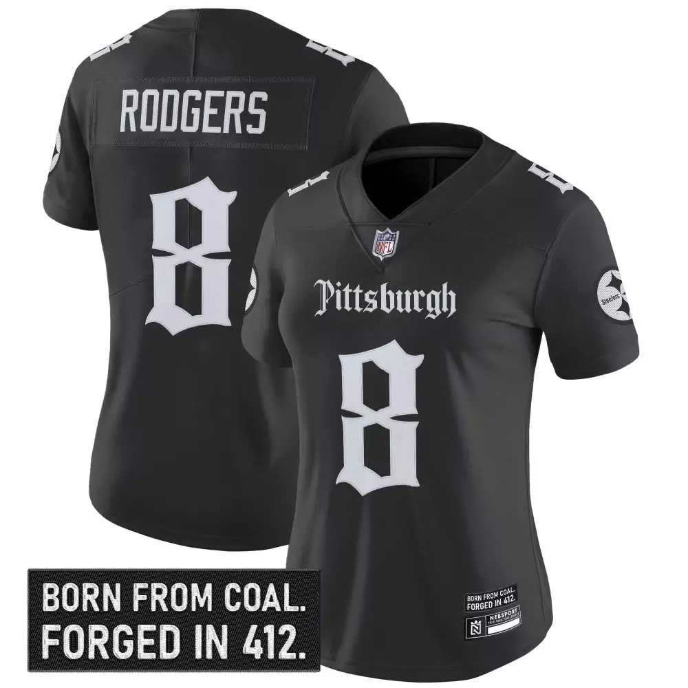 Rodgers 8 Women's Pittsburgh Steelers Black Stitched Vapor Jersey | 2023 Edition Forged in 412 | For Women & Youth