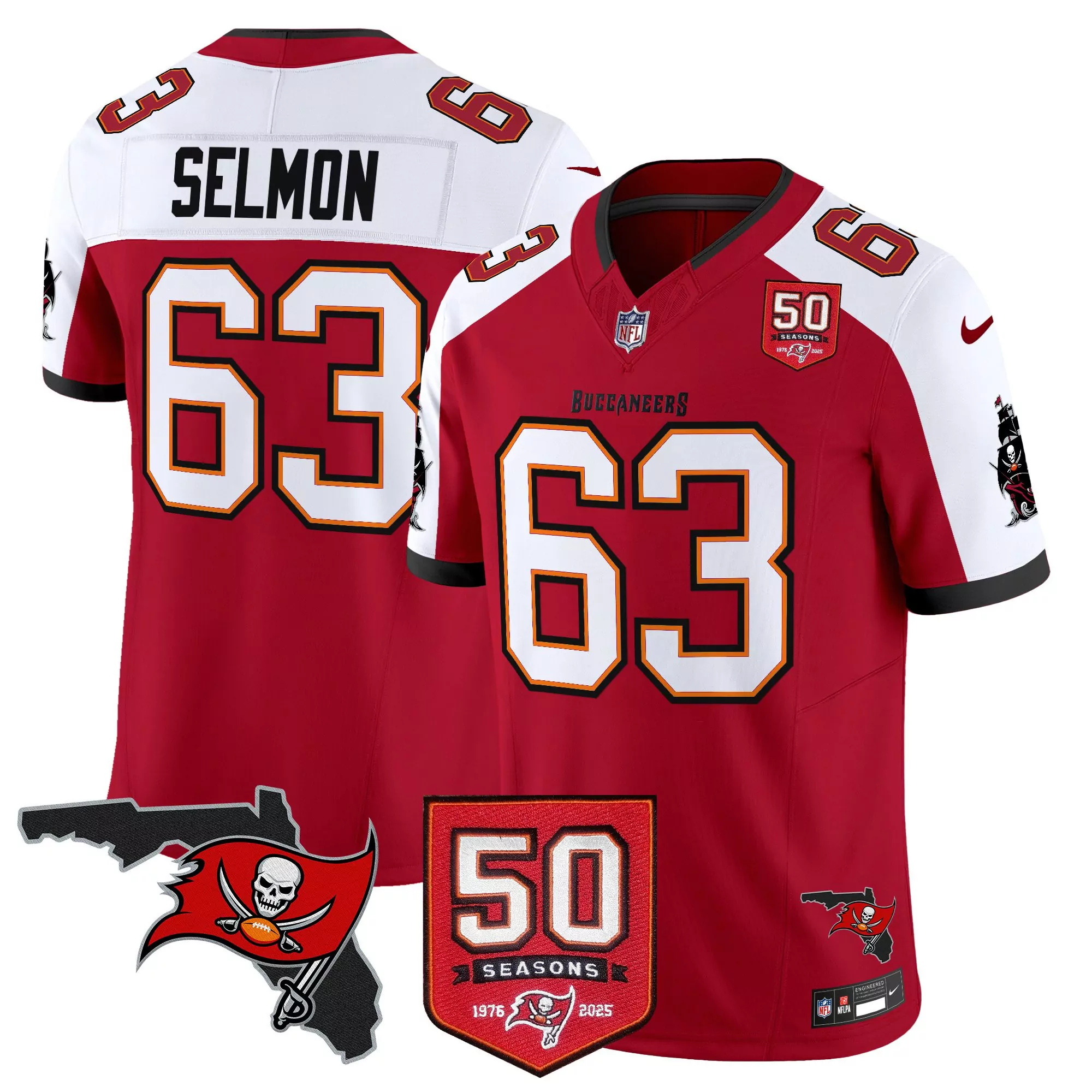 selmon 63 men s tampa bay buccaneers red vapor stitched jersey with 50 seasons patch 2023