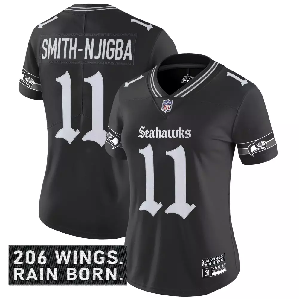 smith njigba 11 seattle seahawks black stitched jersey with name patch 2025 men s style