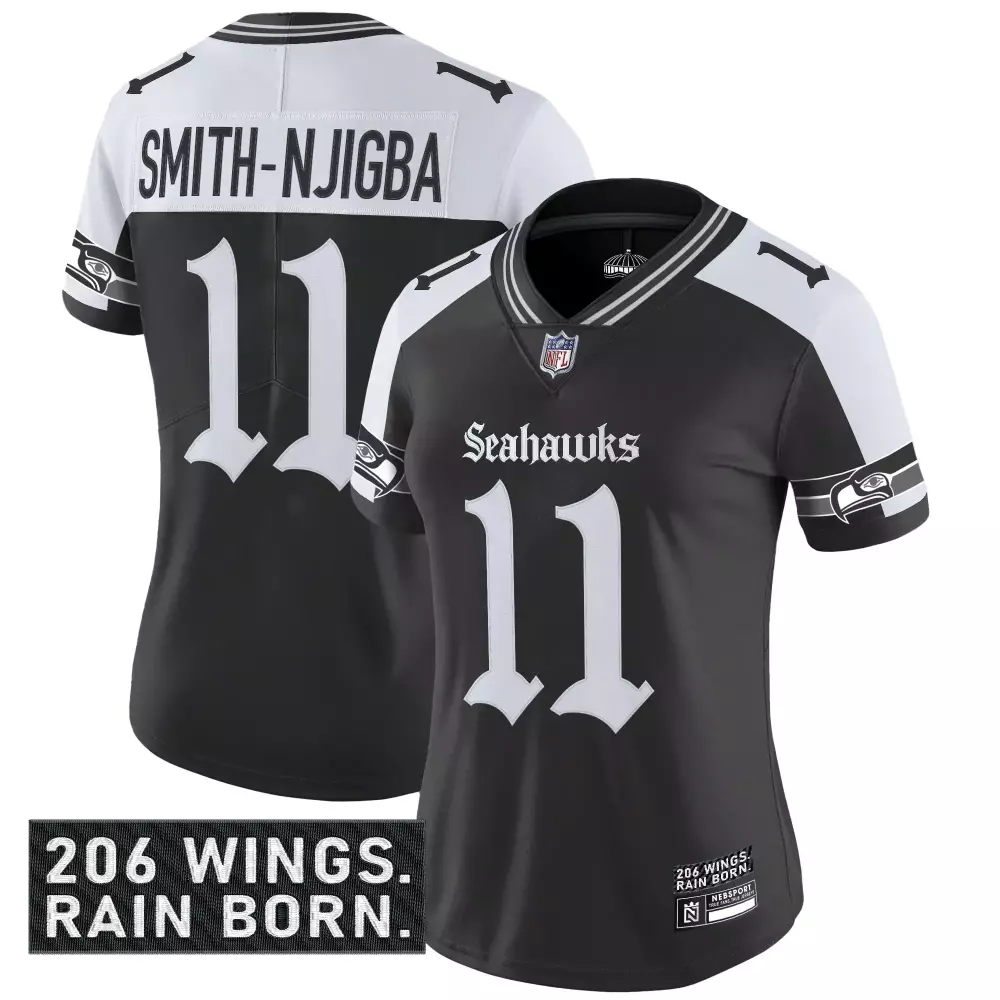Smith Njigba 11 Women's Black Vapor Jersey | Seattle Seahawks 206 Wings Patch 2023 Edition | For Men, Women & Youth