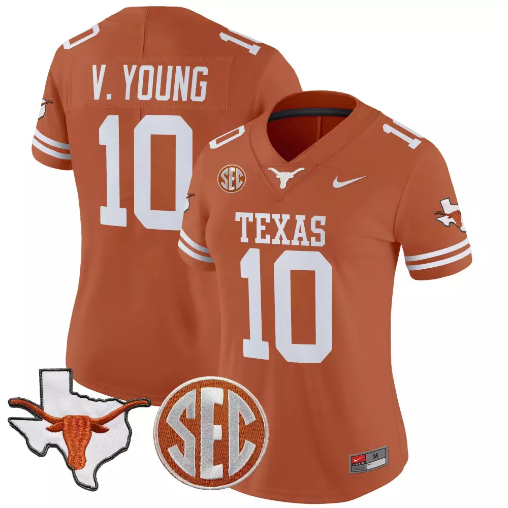 V Young 10 Texas Longhorns Women's Stitched Vapor Jersey | Orange with SEC Patch | Replica Fan Gear | For Men, Women & Youth