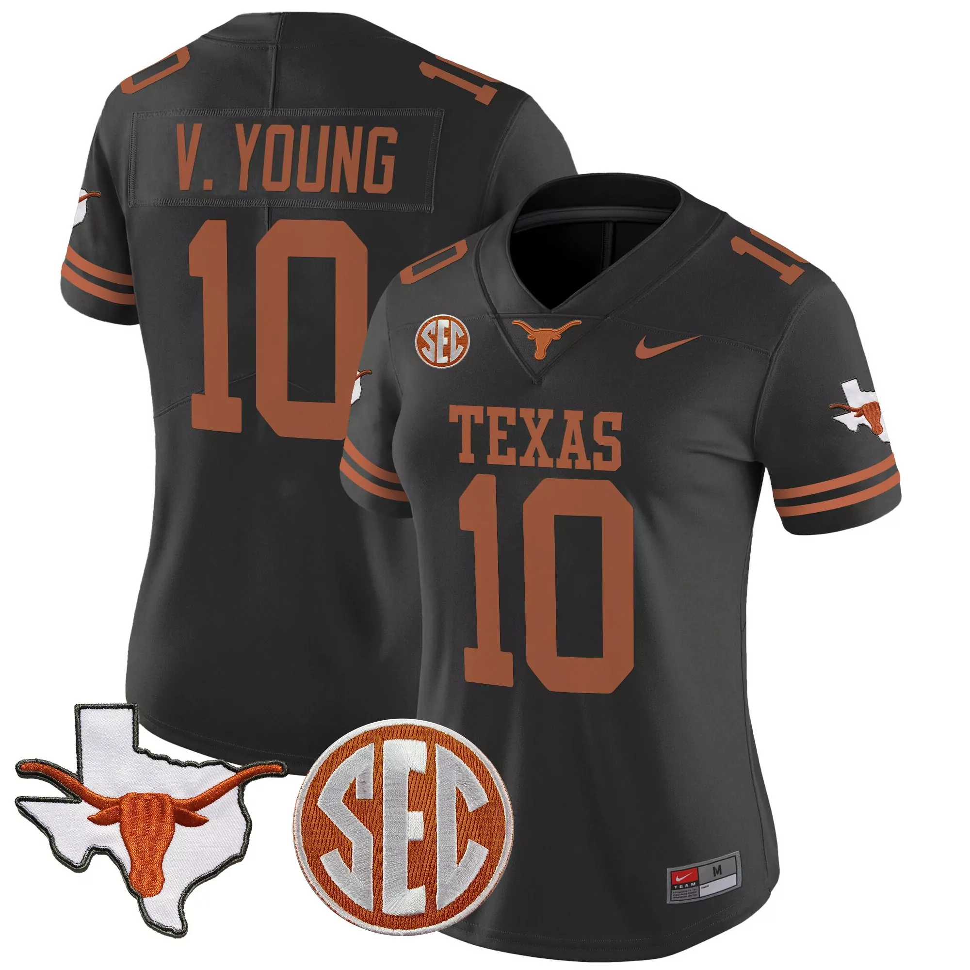 v young 10 women s texas longhorns vapor stitched jersey black sec patch 2025