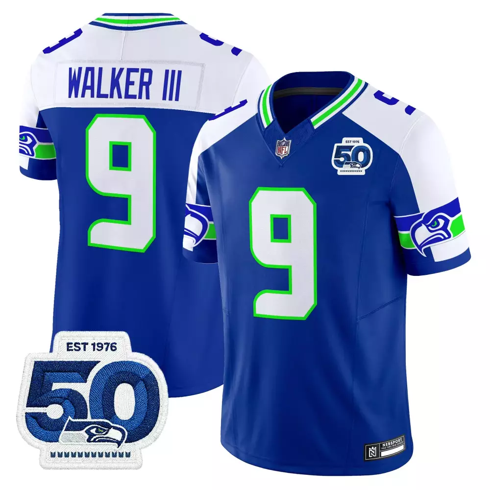 Walker III 9 Men's Vapor Jersey | Seattle Seahawks 50th Anniversary Patch Blue Stitched 2023 | Limited Edition Fan Gear for Men, Women & Youth