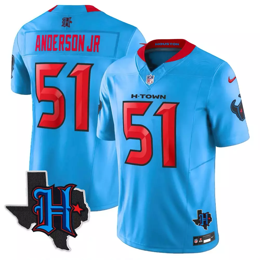 Light Blue Stitched Houston Texans 2025 Jersey | Name Patch Anderson Jr 51 for Men | Game Day Outfit | For Men, Women & Youth