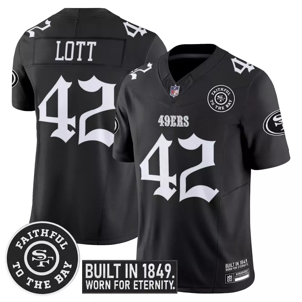 Lott 42 San Francisco 49ers Men's Black Stitched Jersey | Name Patch 2023 | Game Day Outfit | For Men, Women & Youth