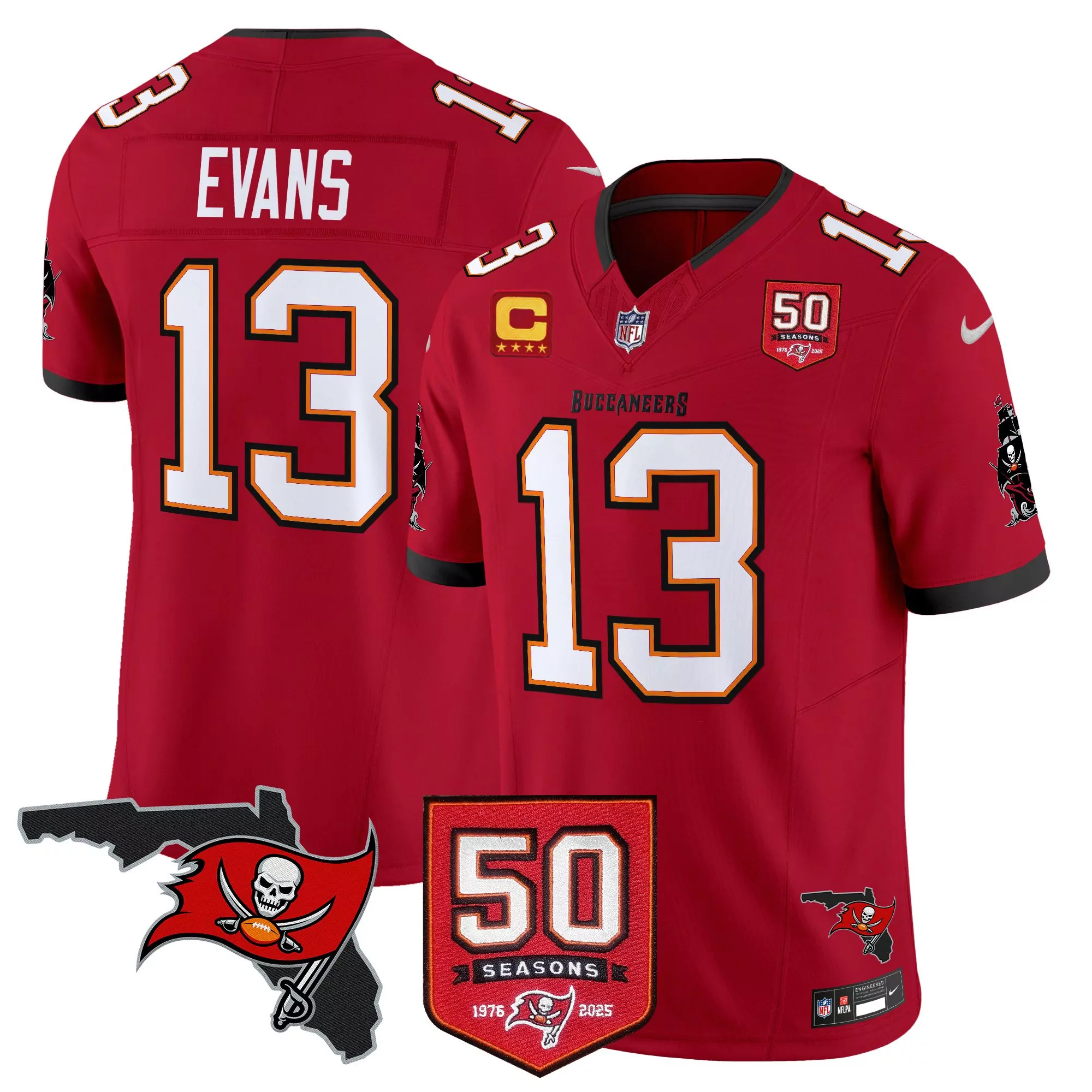 men s tampa bay buccaneers red stitched jersey with name patch evans 13 50 seasons 2025
