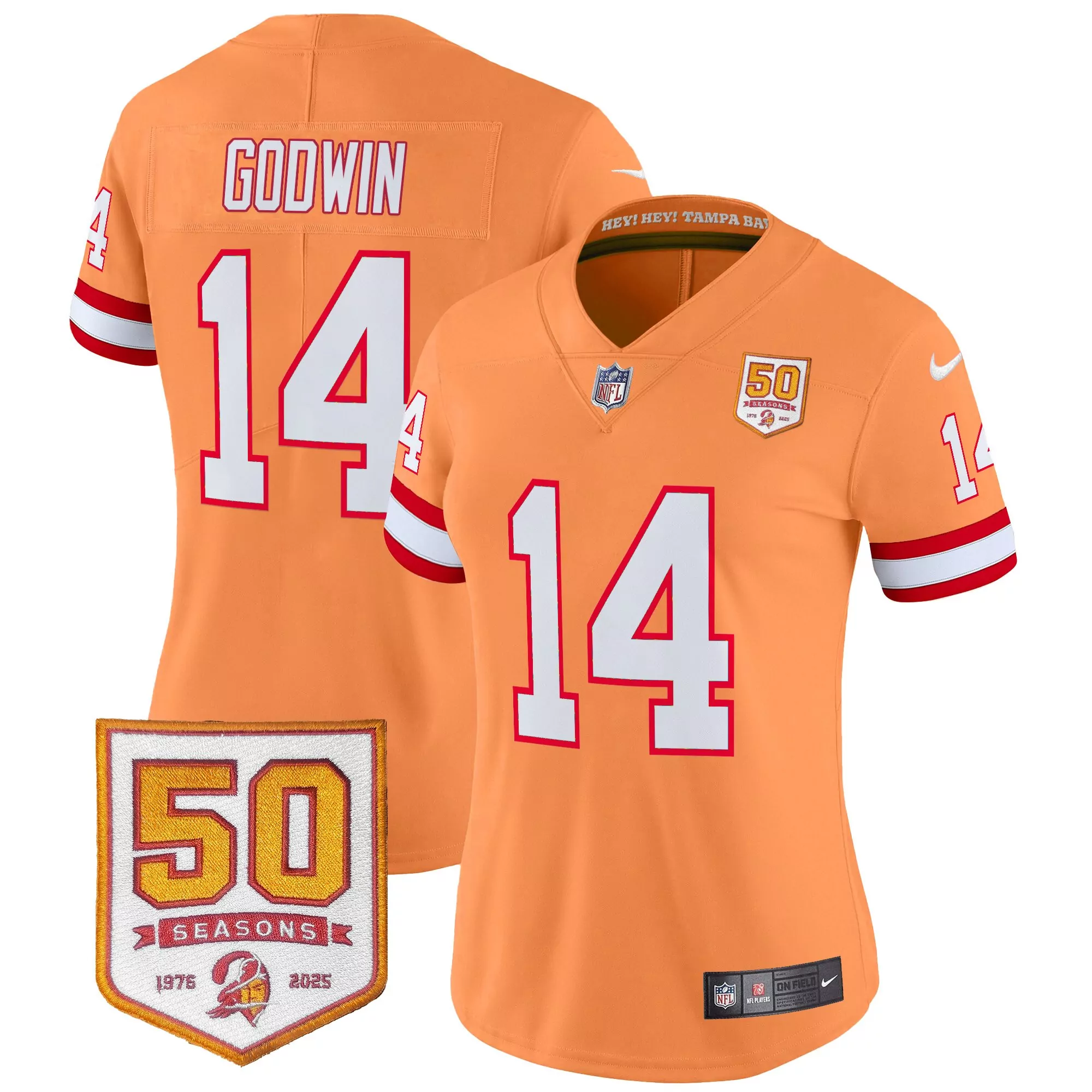 women s tampa bay buccaneers godwin 14 stitched jersey orange 50th season patch 2023