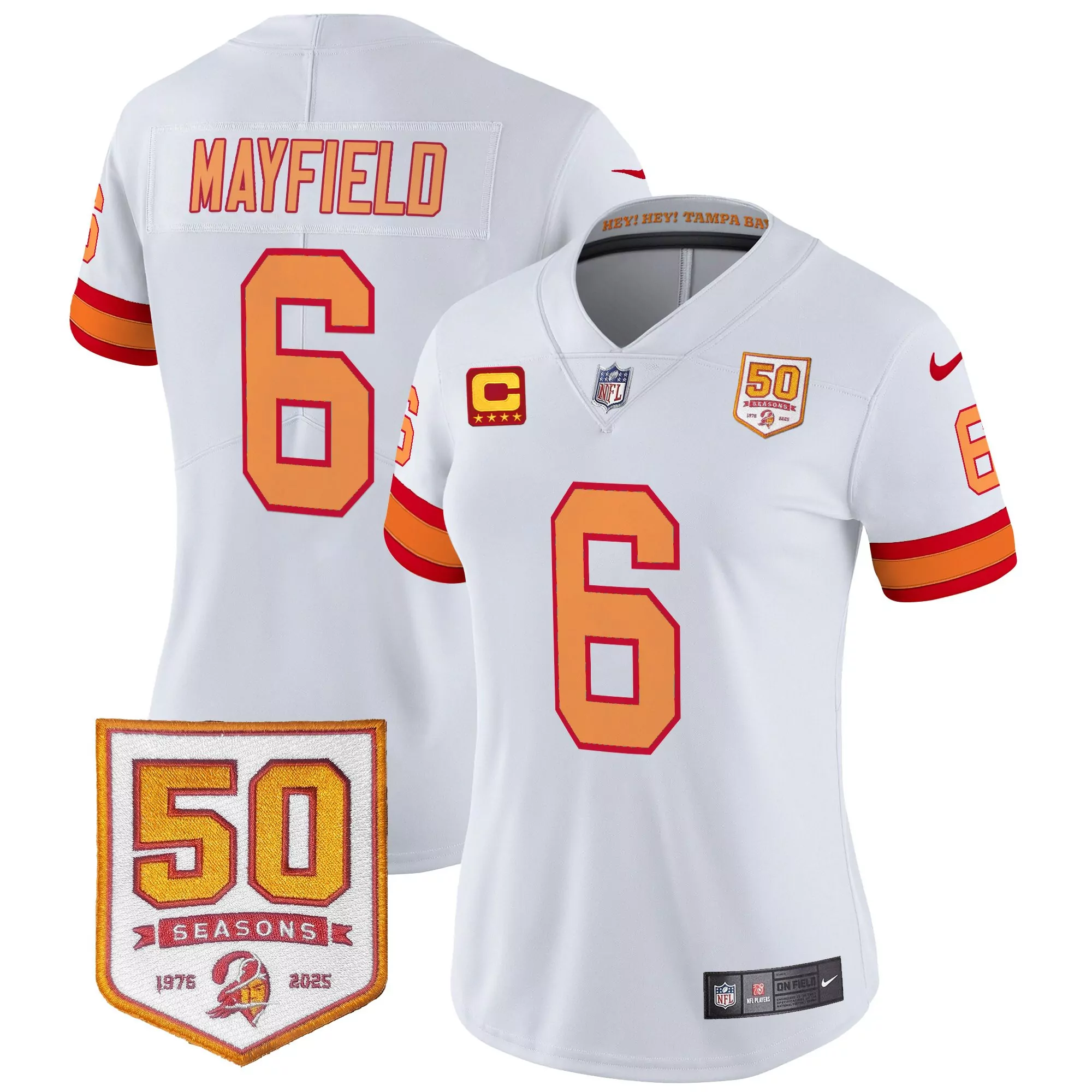 women s tampa bay buccaneers white stitched jersey mayfield 6 50th season patch 2025