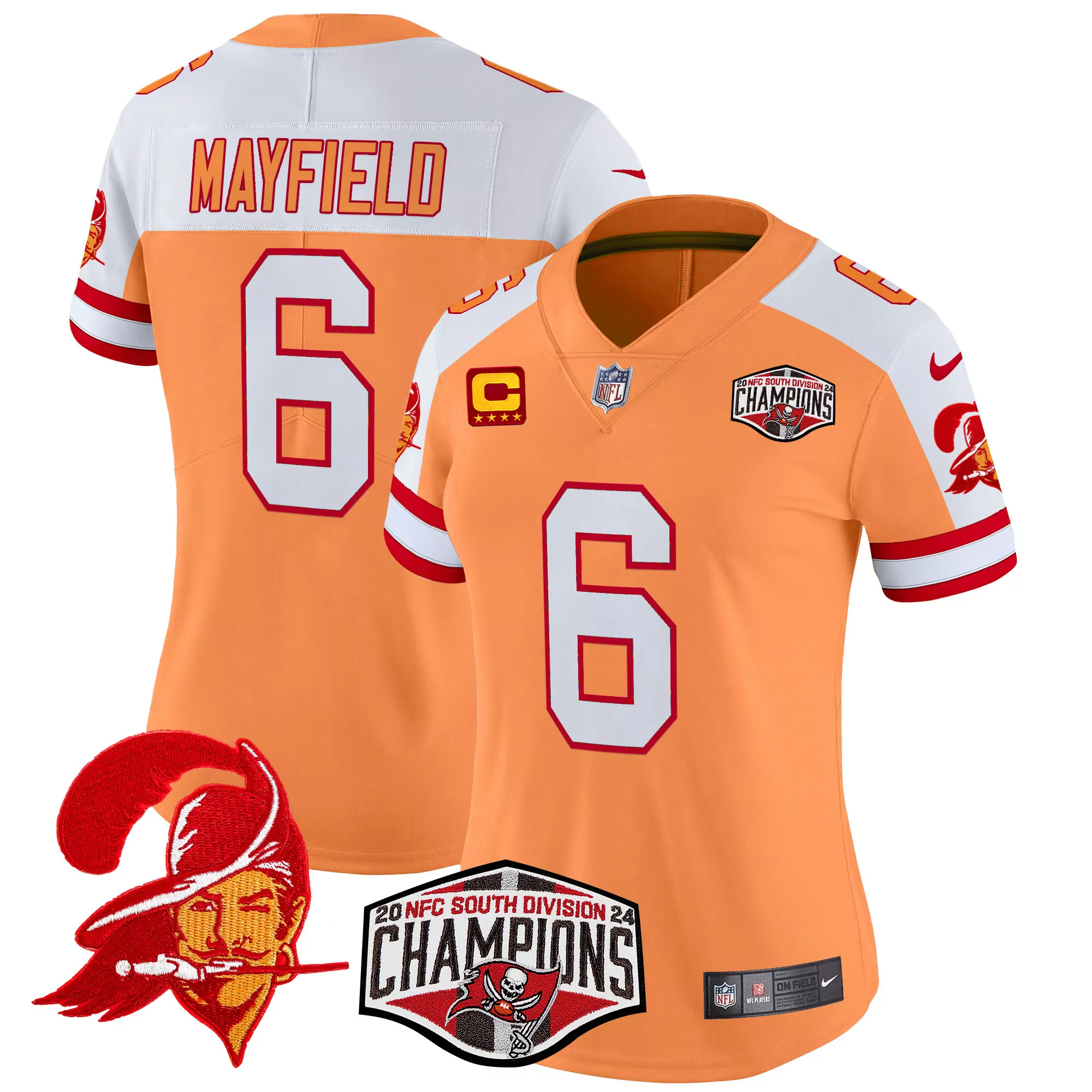womens tampa bay buccaneers stitched jersey orange mayfield 6 nfc south division champions 2024
